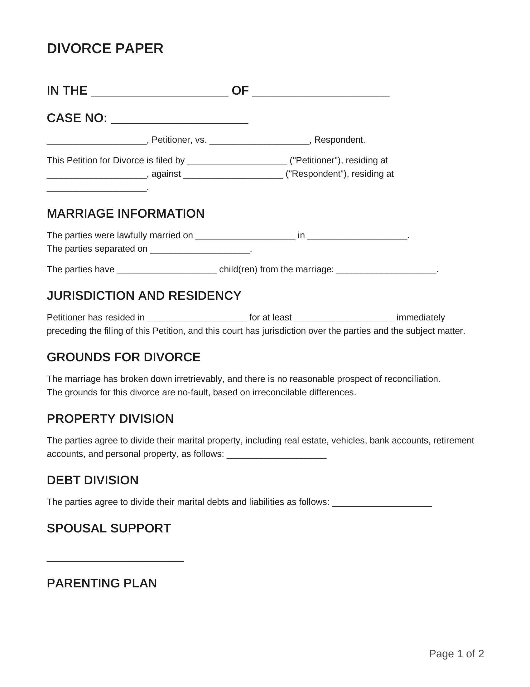 Preview of a fillable divorce form template
