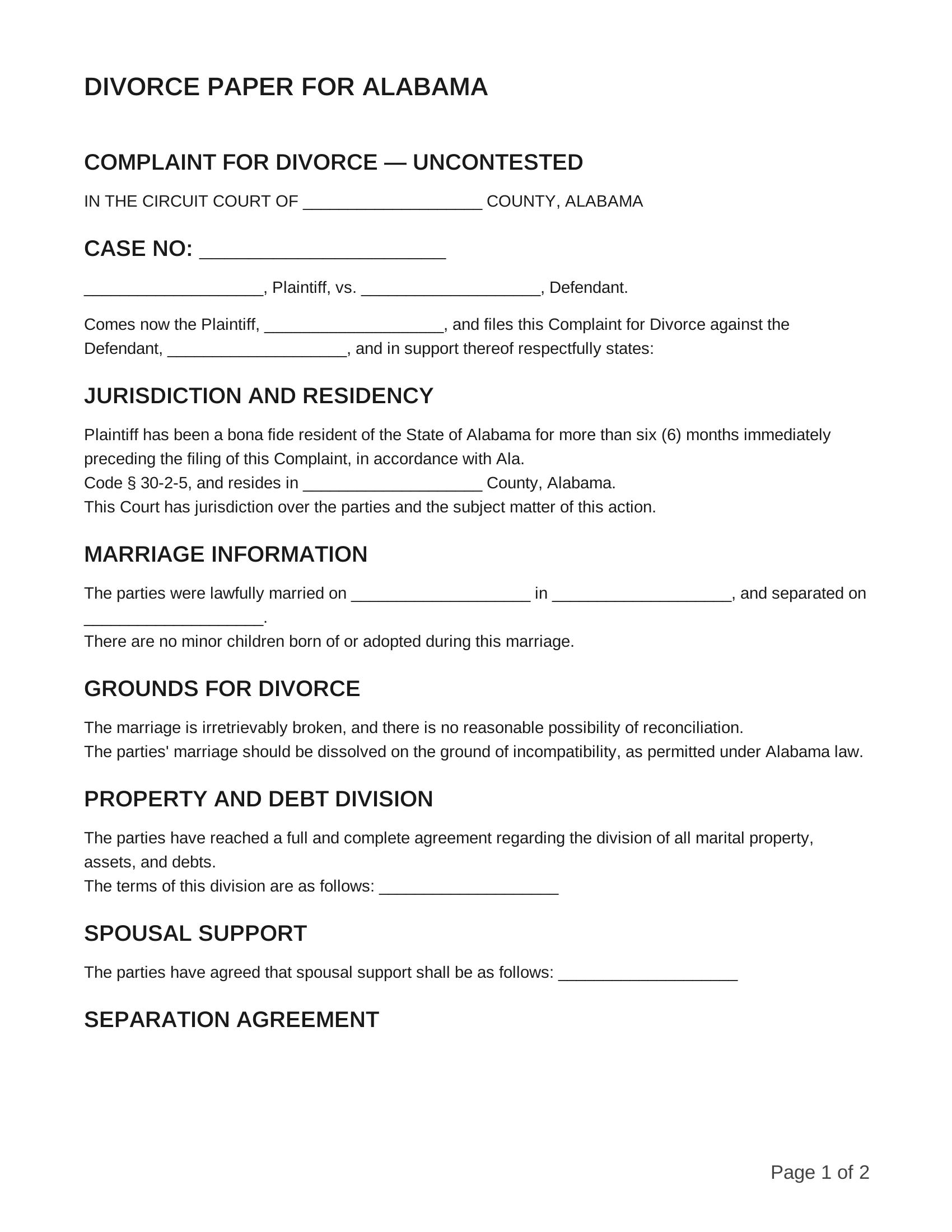 free divorce papers for alabama