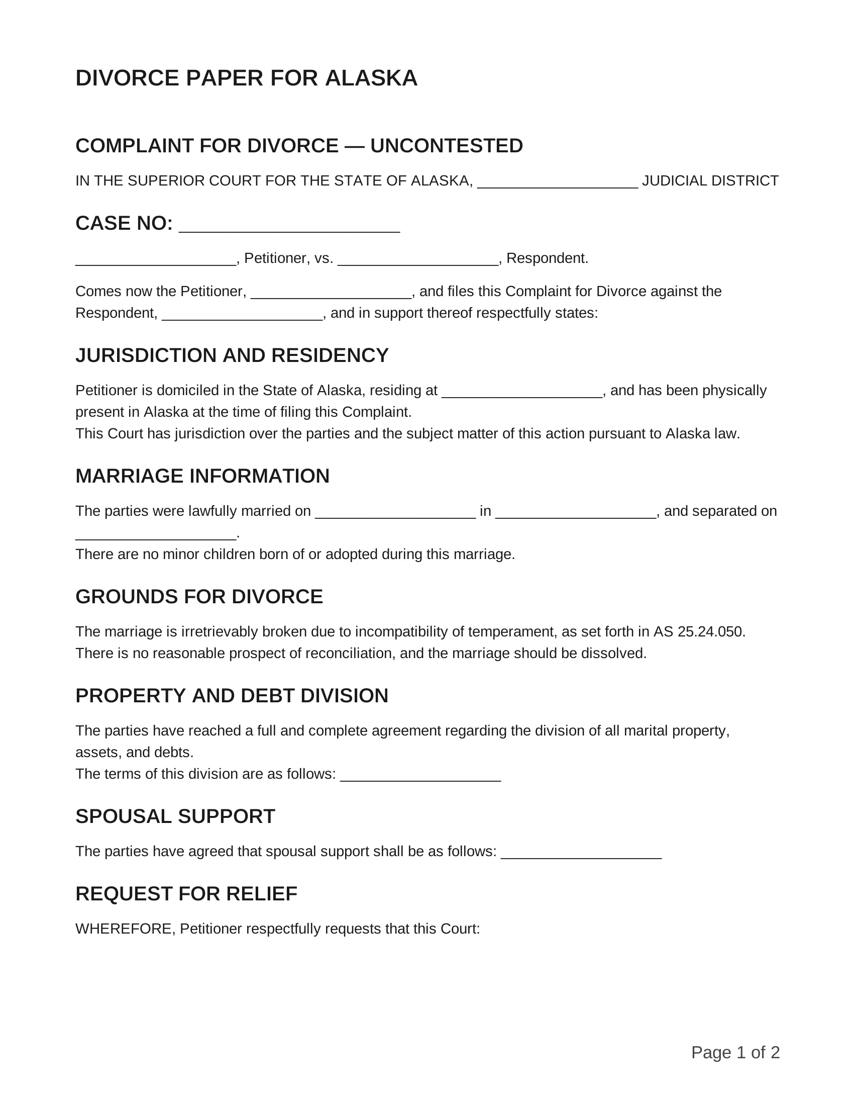free divorce papers for alaska
