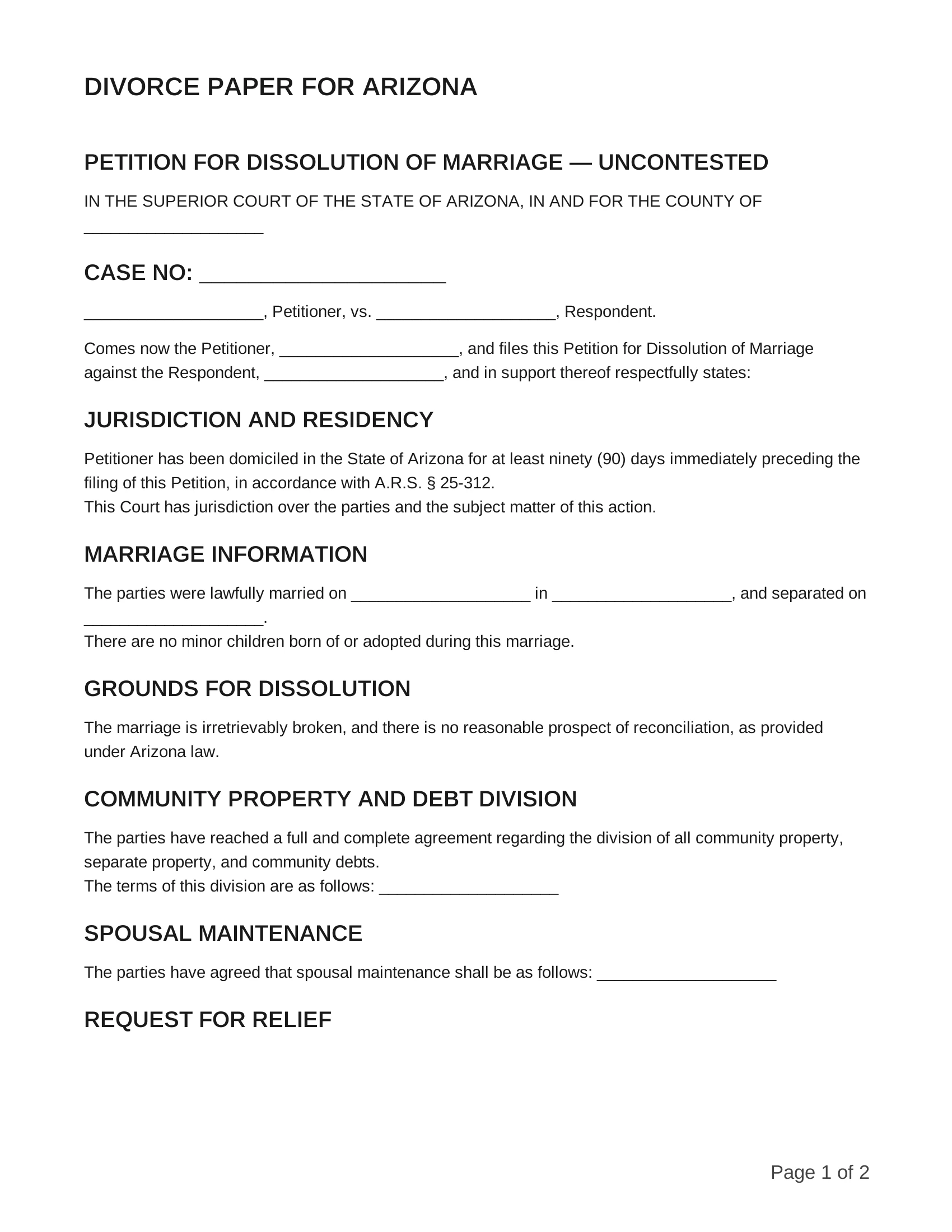 free divorce papers for arizona