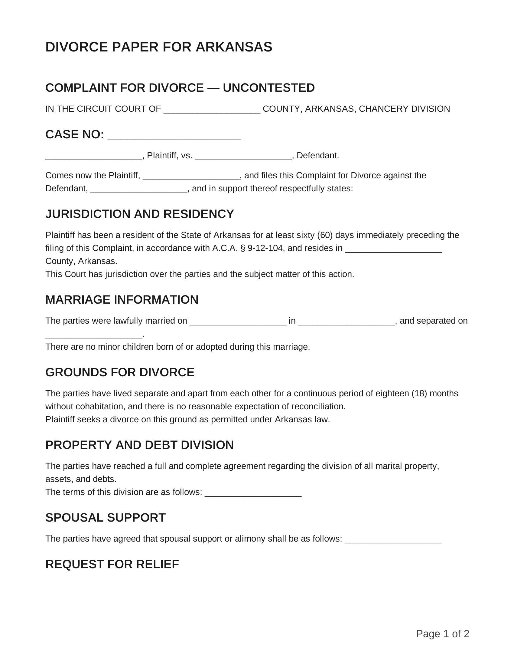 free divorce papers for arkansas