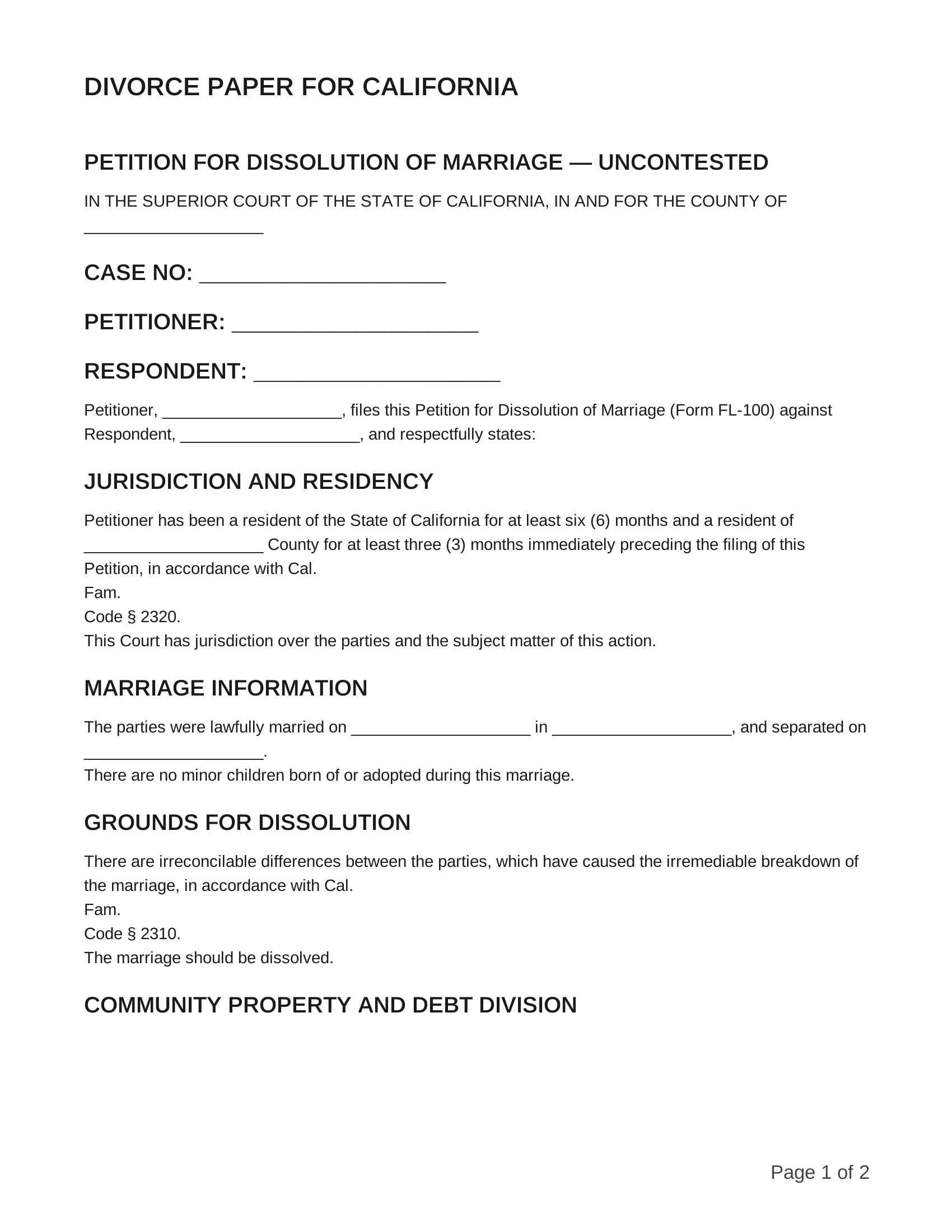 free divorce papers for california