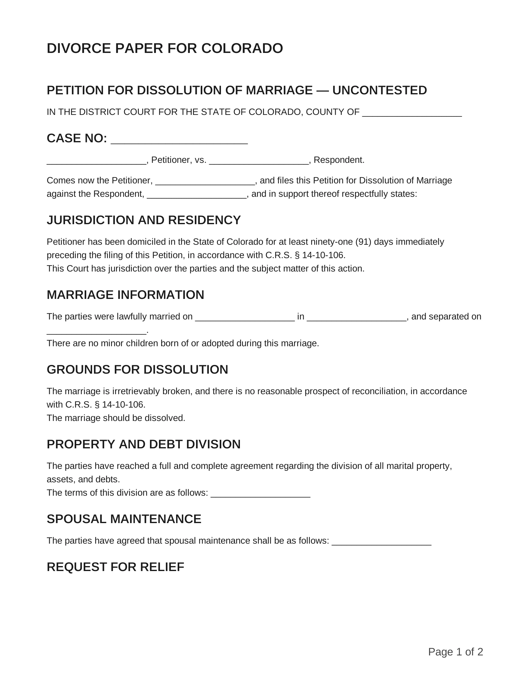 free divorce papers for colorado