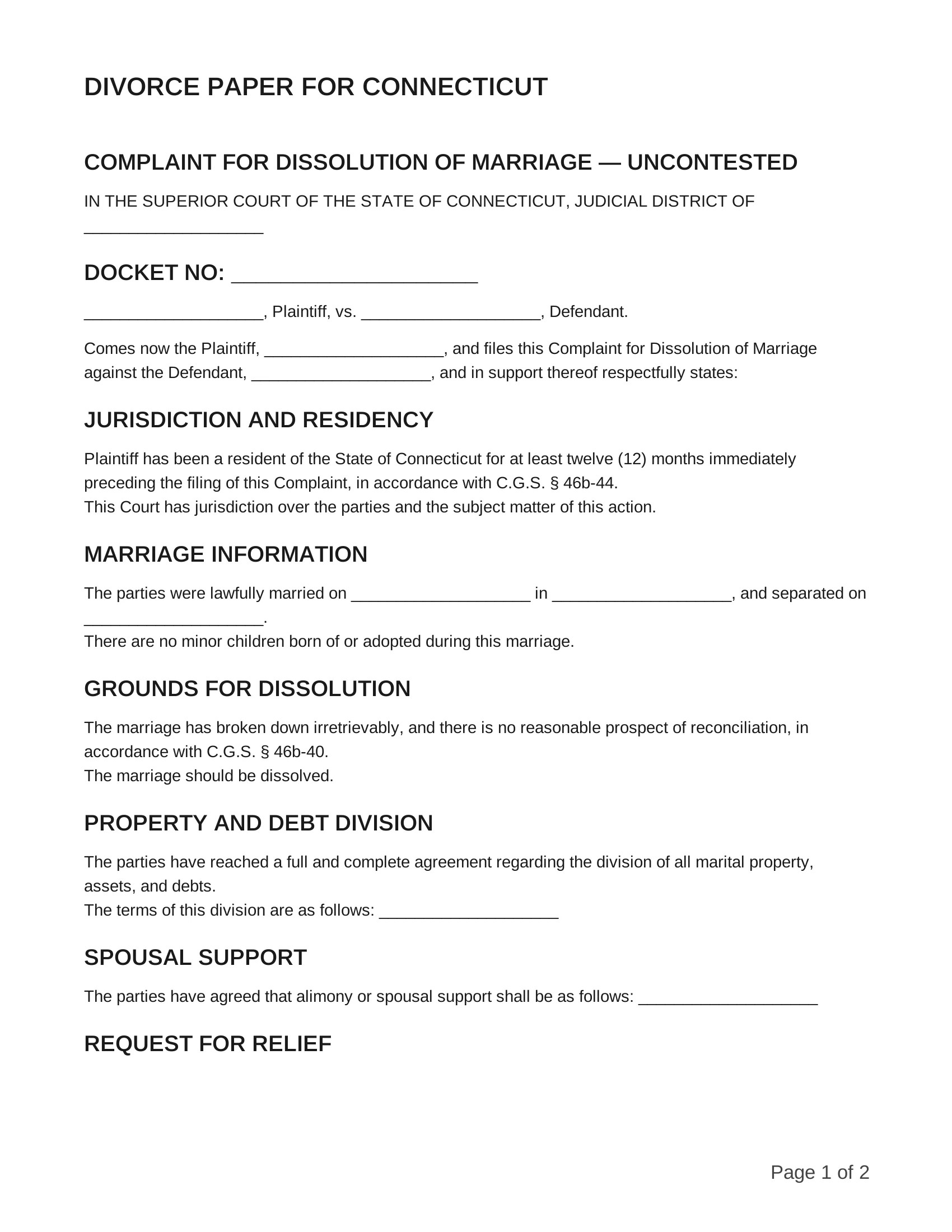 free divorce papers for connecticut