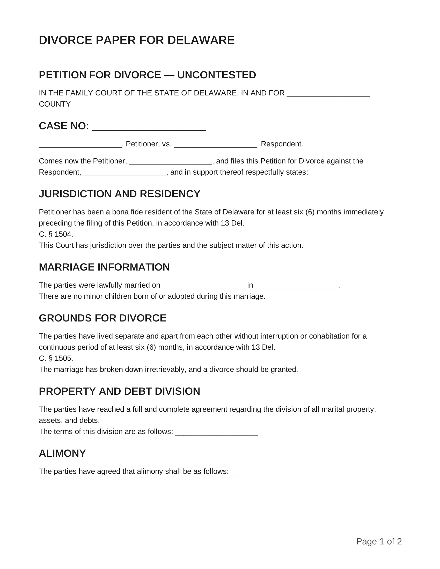 free divorce papers for delaware
