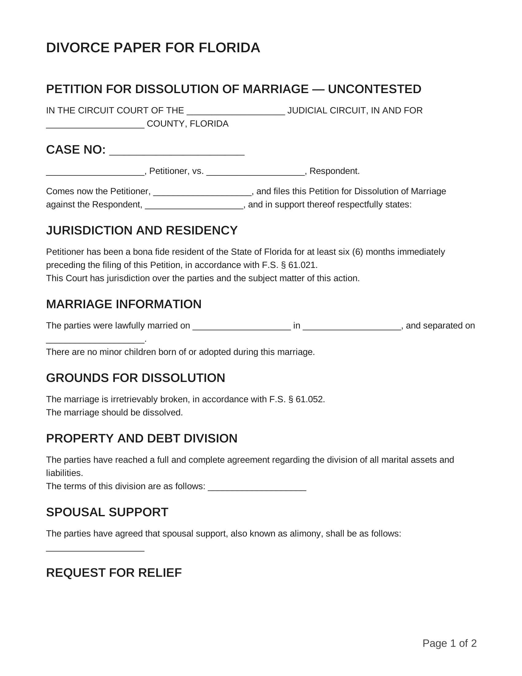 free divorce papers for florida