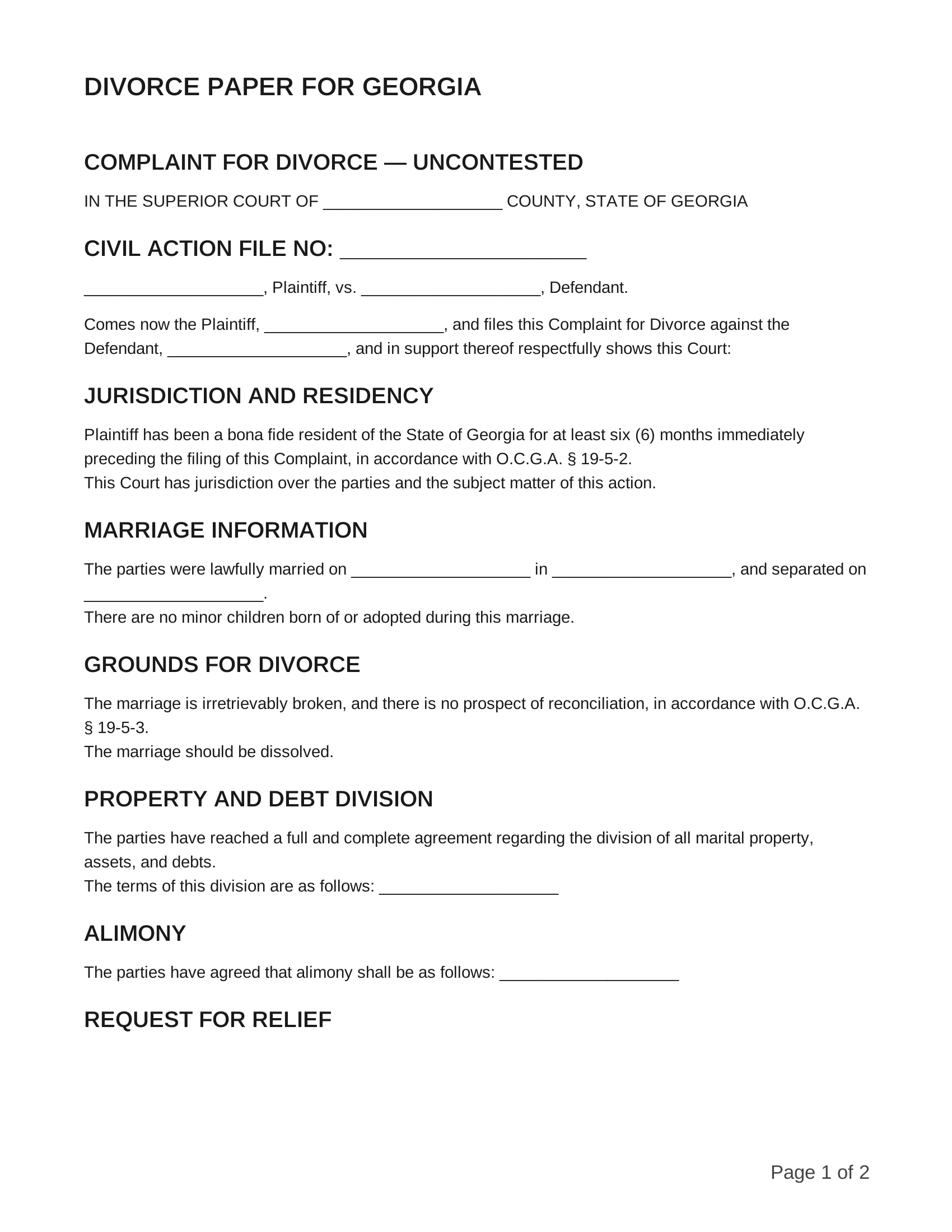 free divorce papers for georgia