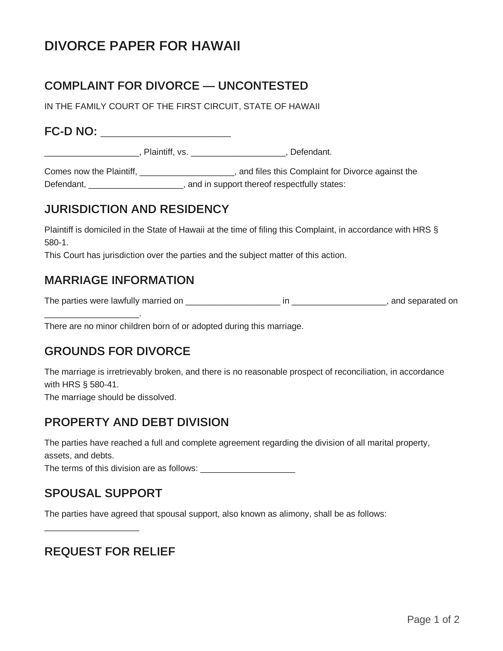 free divorce papers for hawaii