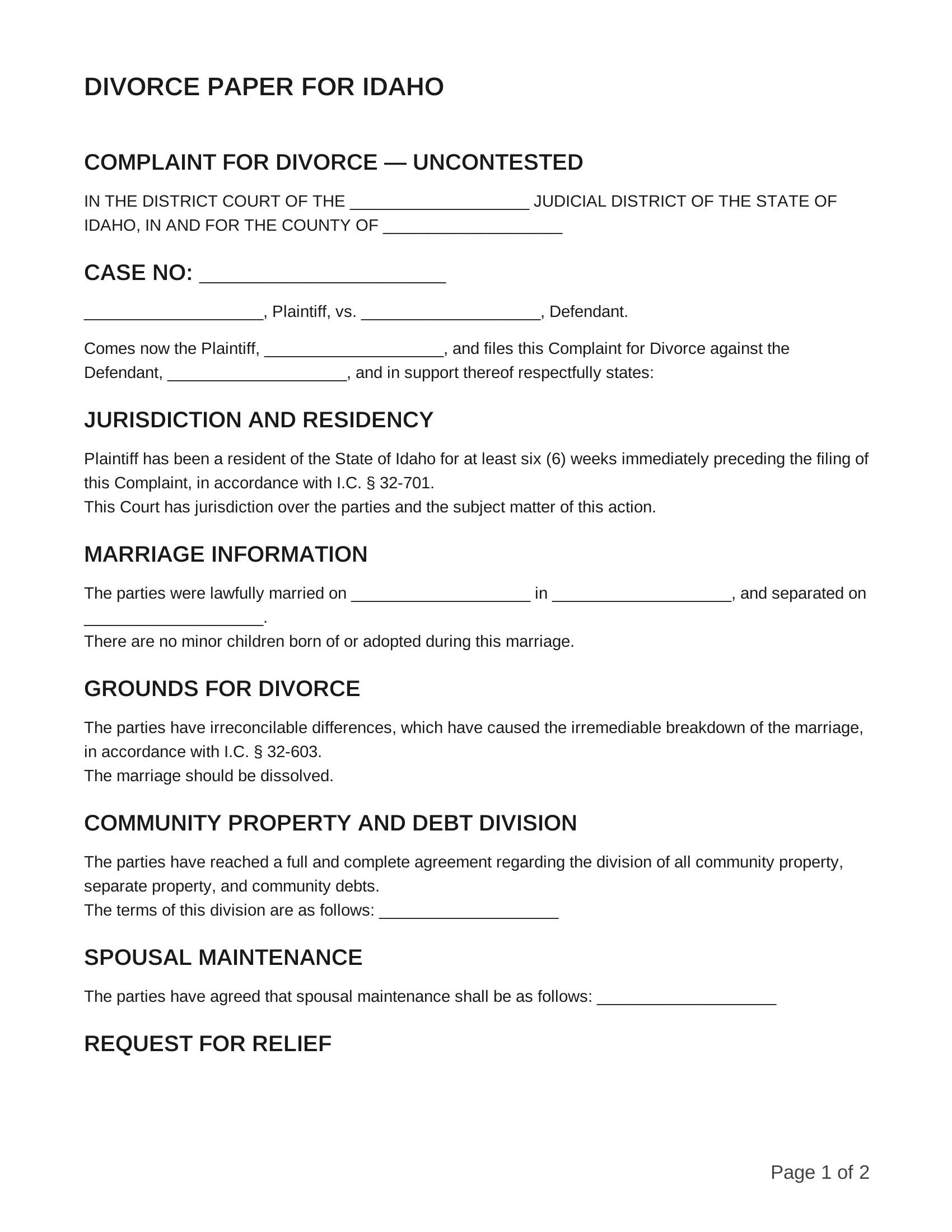 free divorce papers for idaho