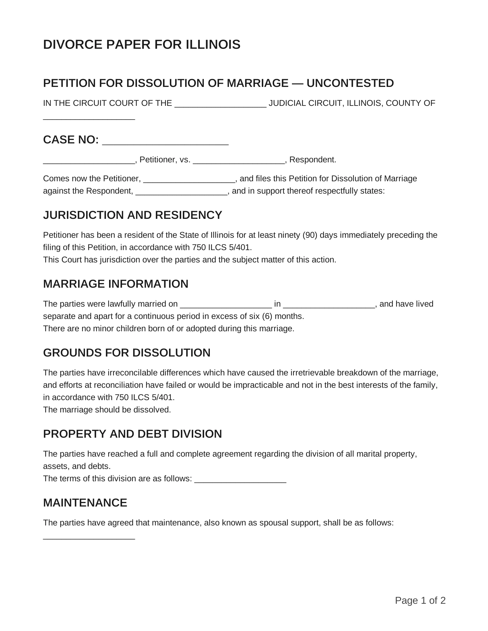 free divorce papers for illinois