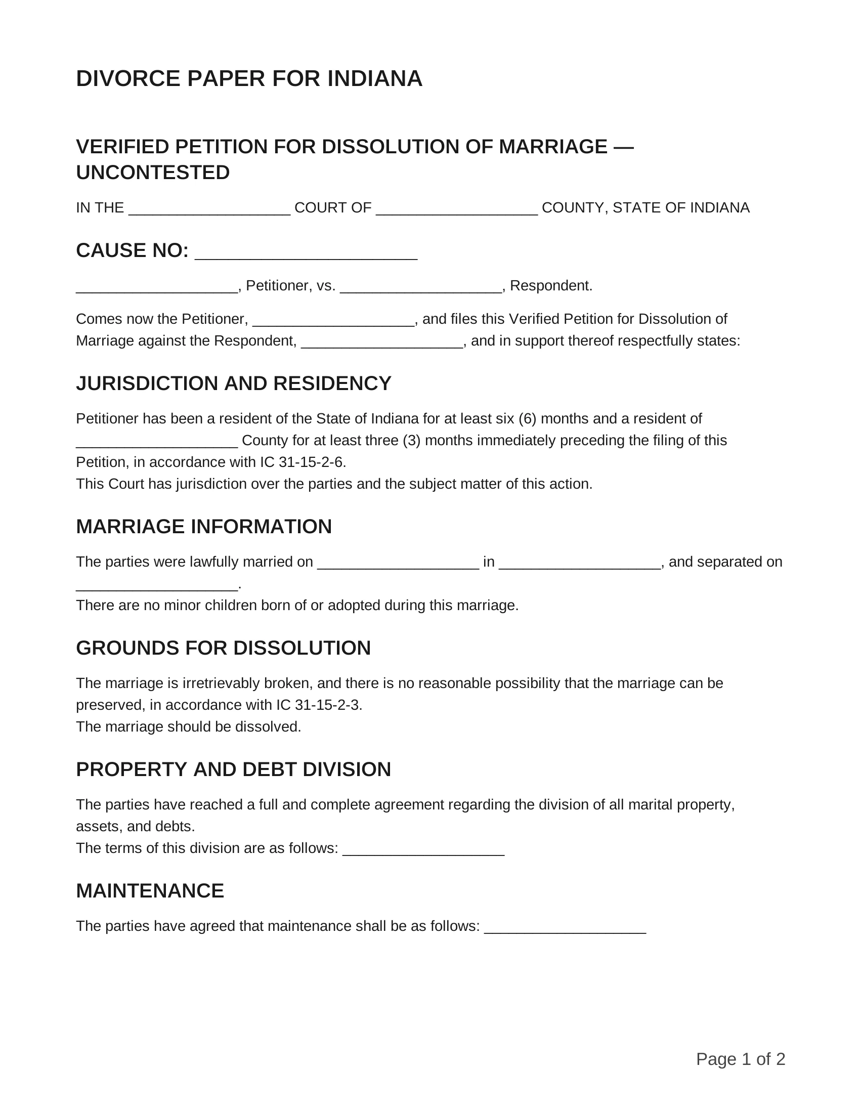 free divorce papers for indiana