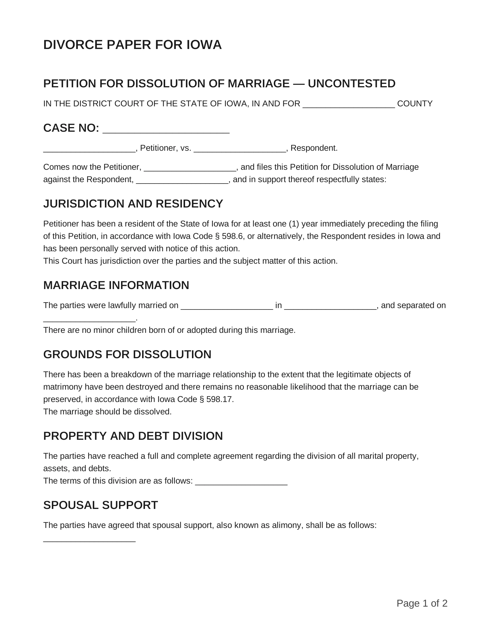 free divorce papers for iowa