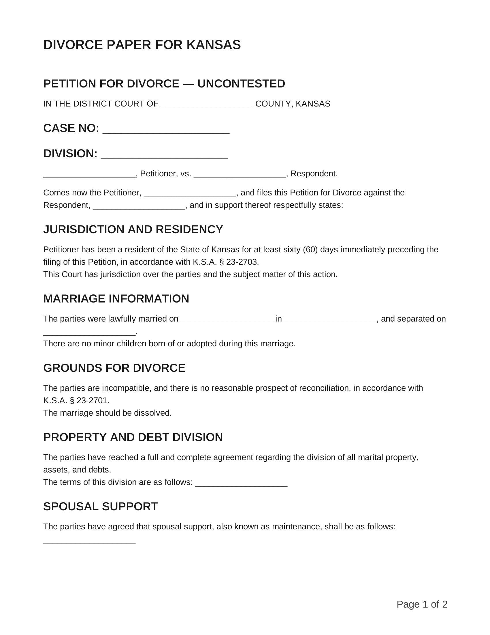 free divorce papers for kansas