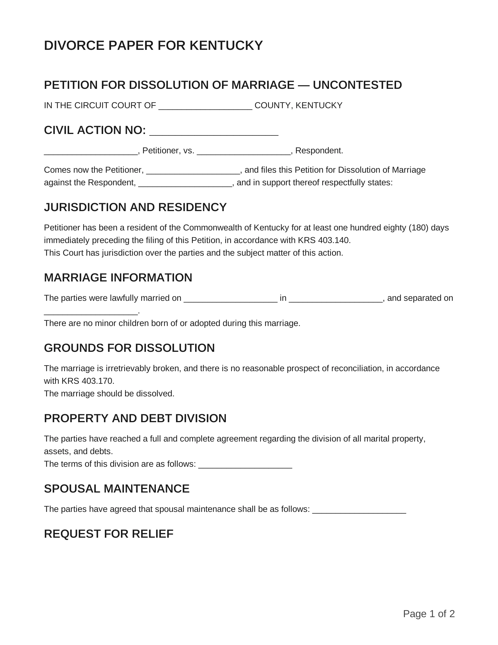 free divorce papers for kentucky
