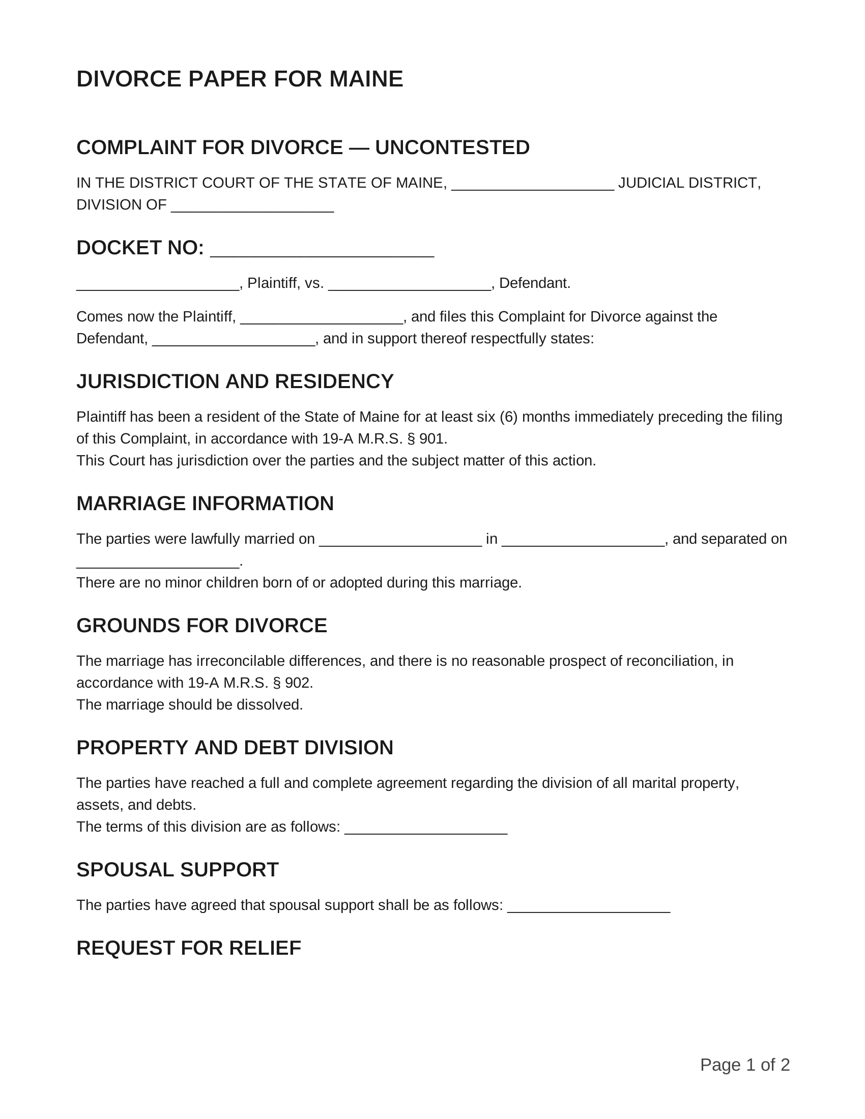 free divorce papers for maine