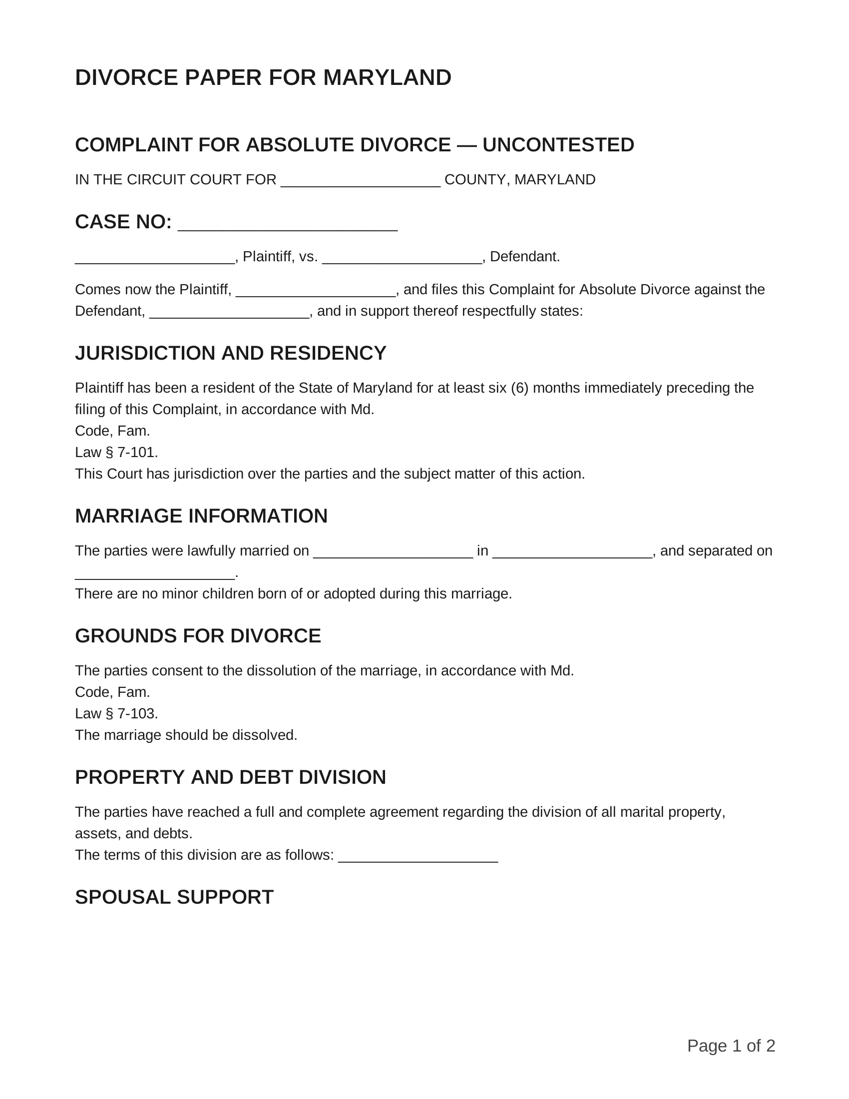 free divorce papers for maryland