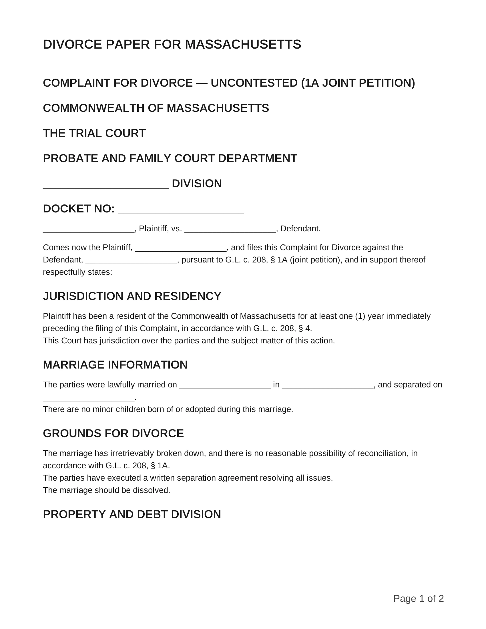 free divorce papers for massachusetts