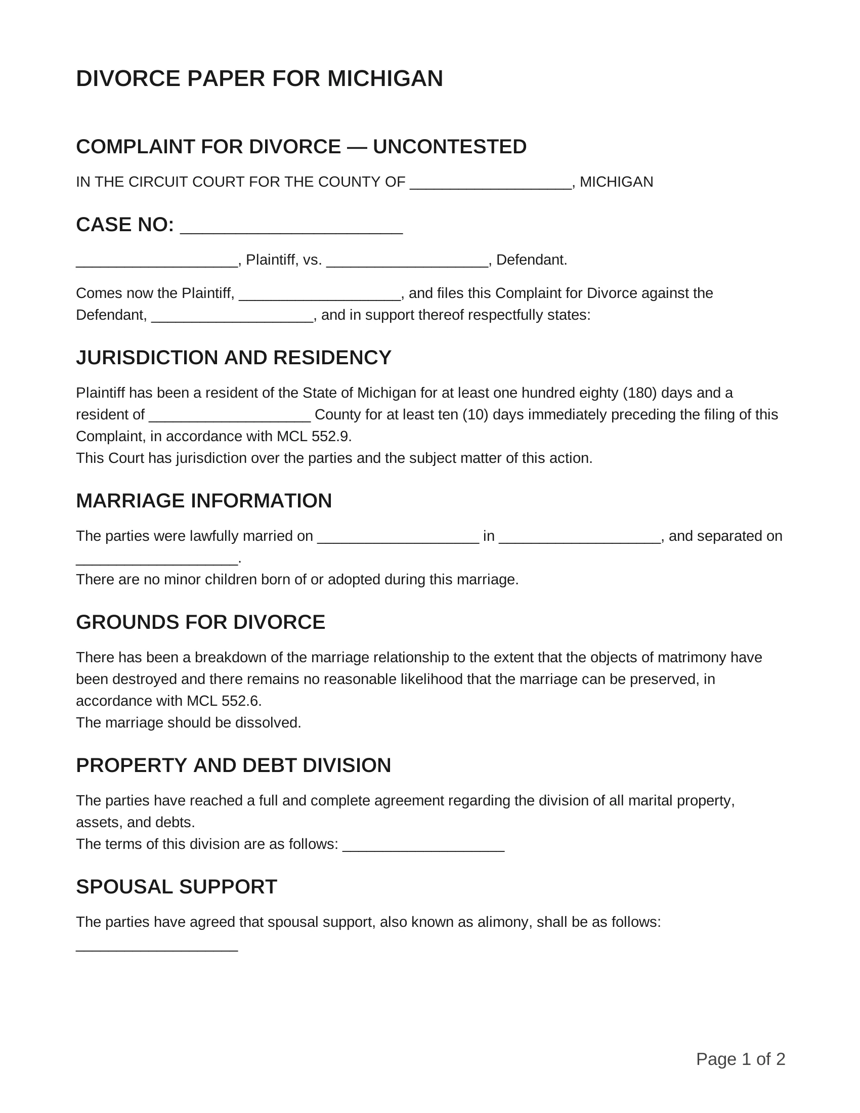 free divorce papers for michigan