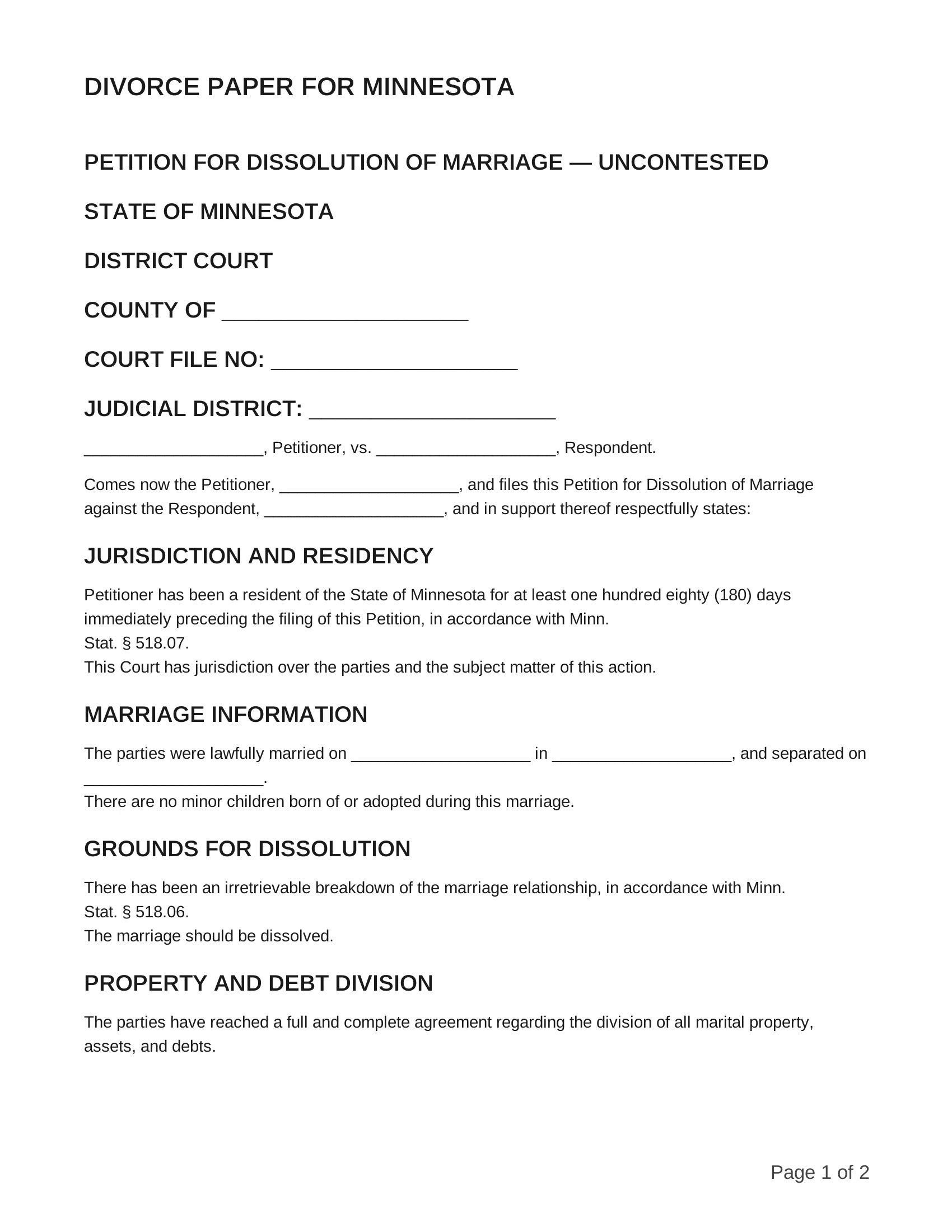 free divorce papers for minnesota