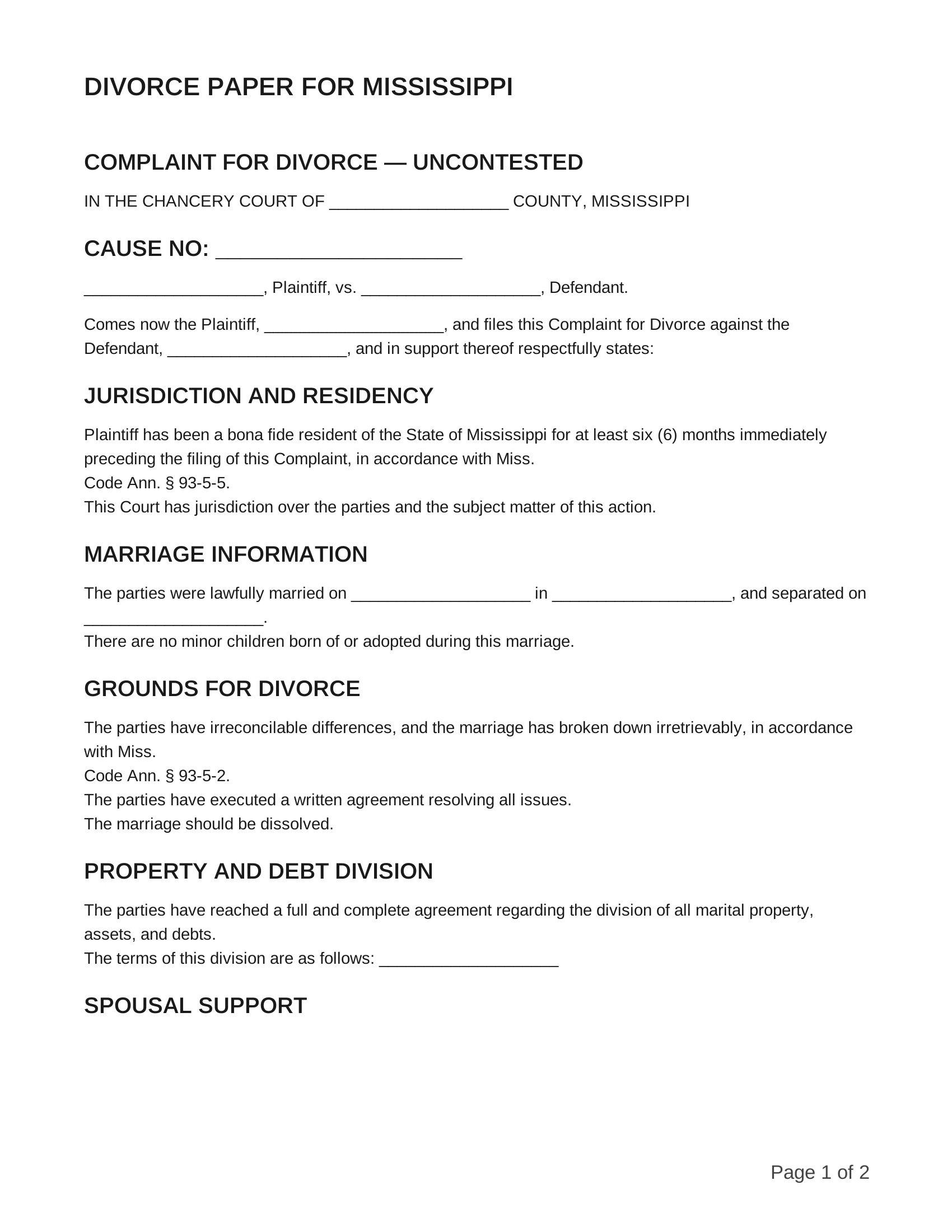 free divorce papers for mississippi