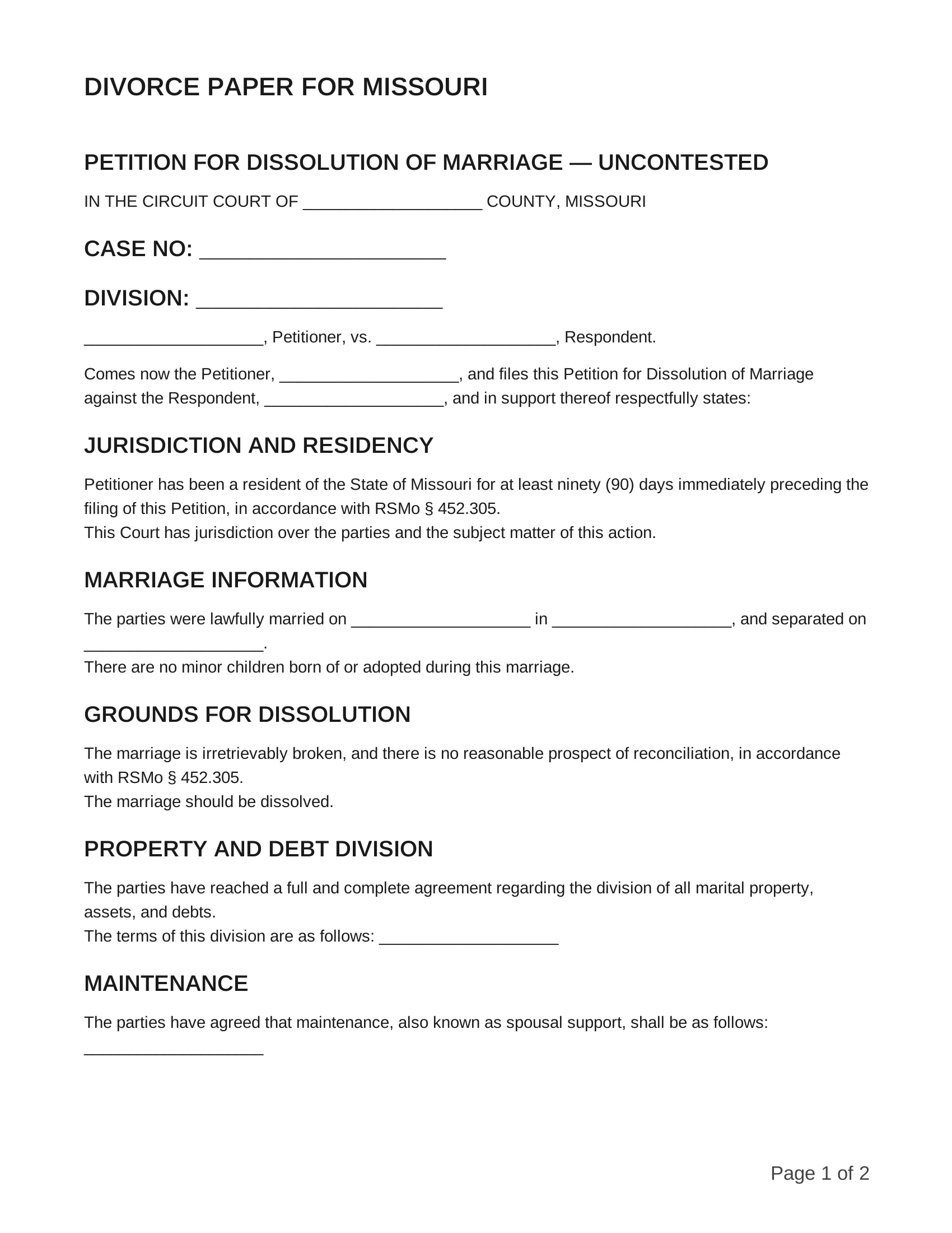 free divorce papers for missouri
