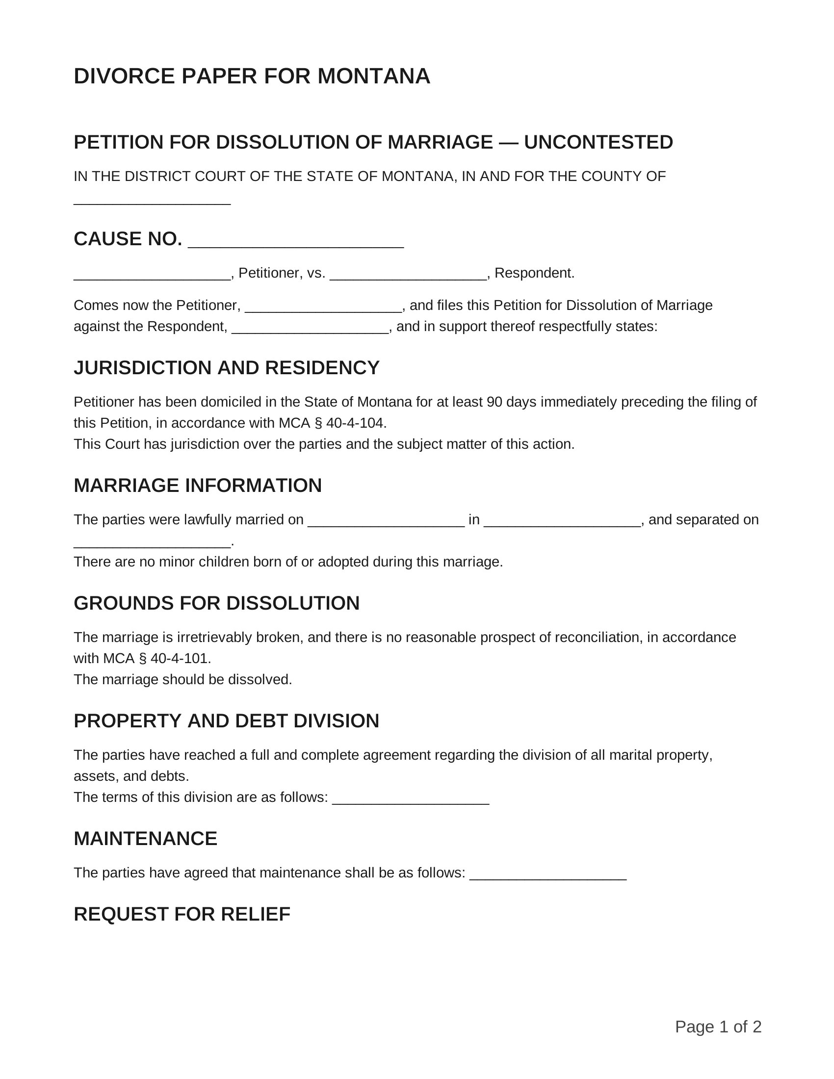free divorce papers for montana