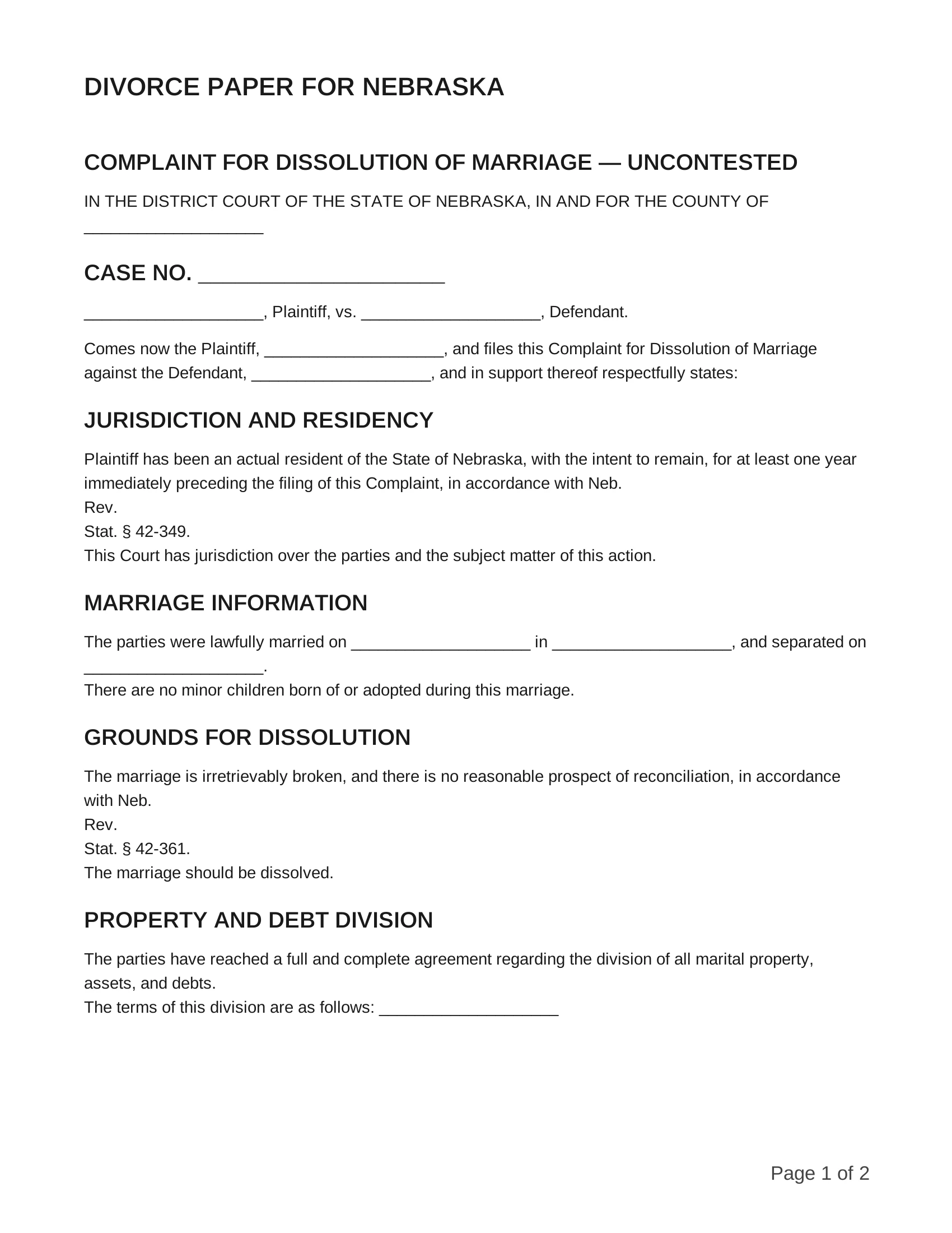free divorce papers for nebraska
