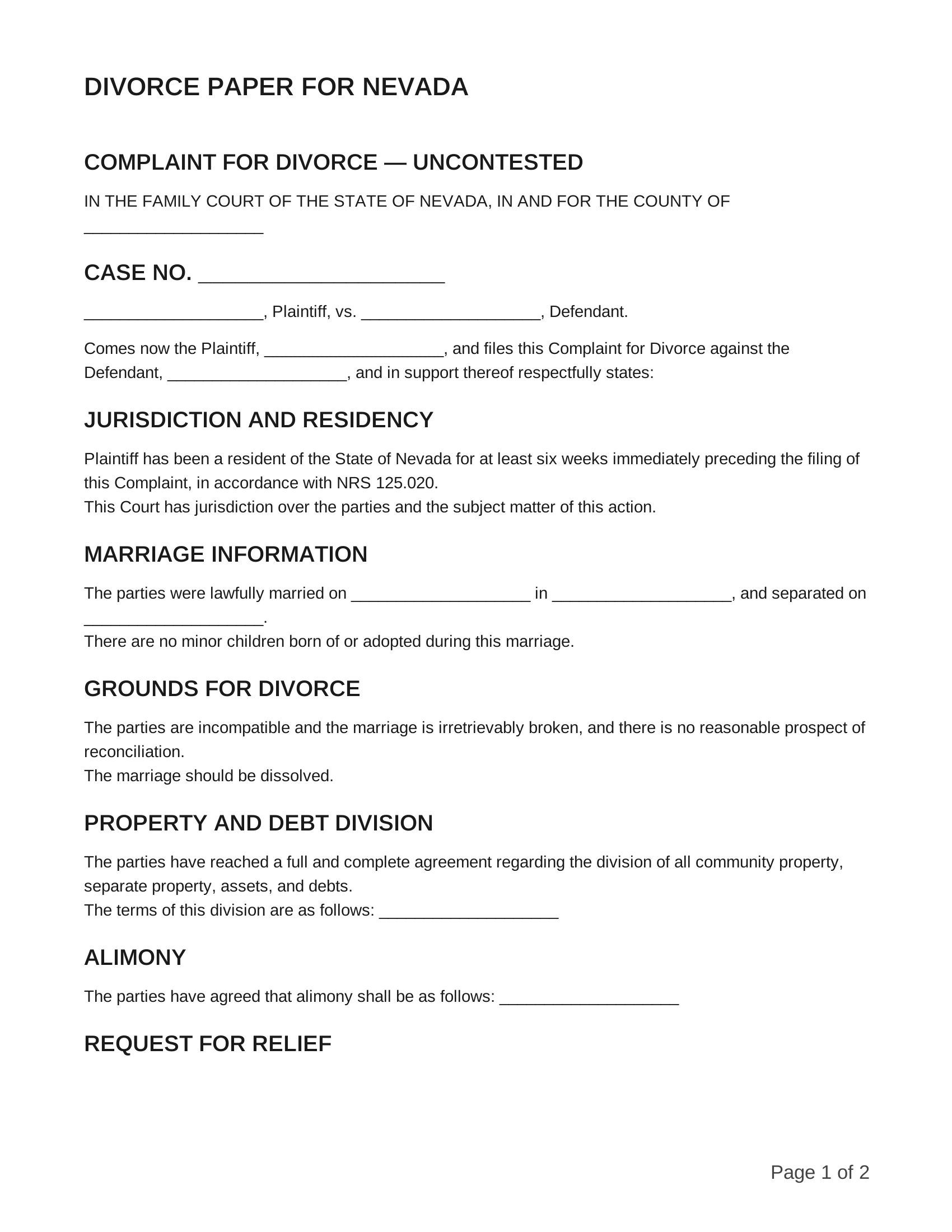 free divorce papers for nevada