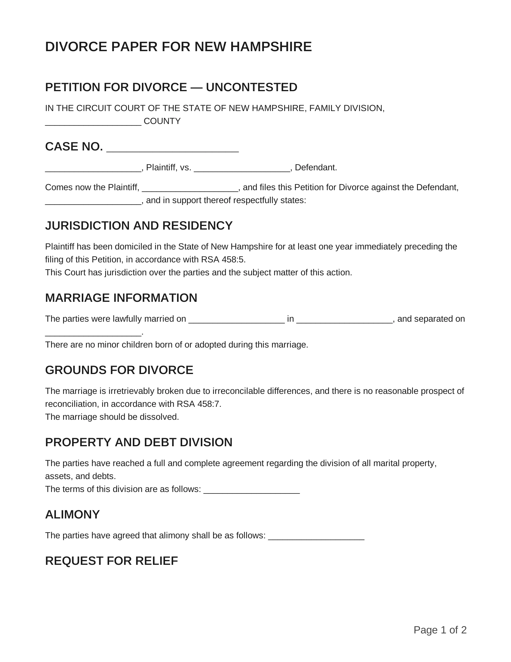 free divorce papers for new hampshire
