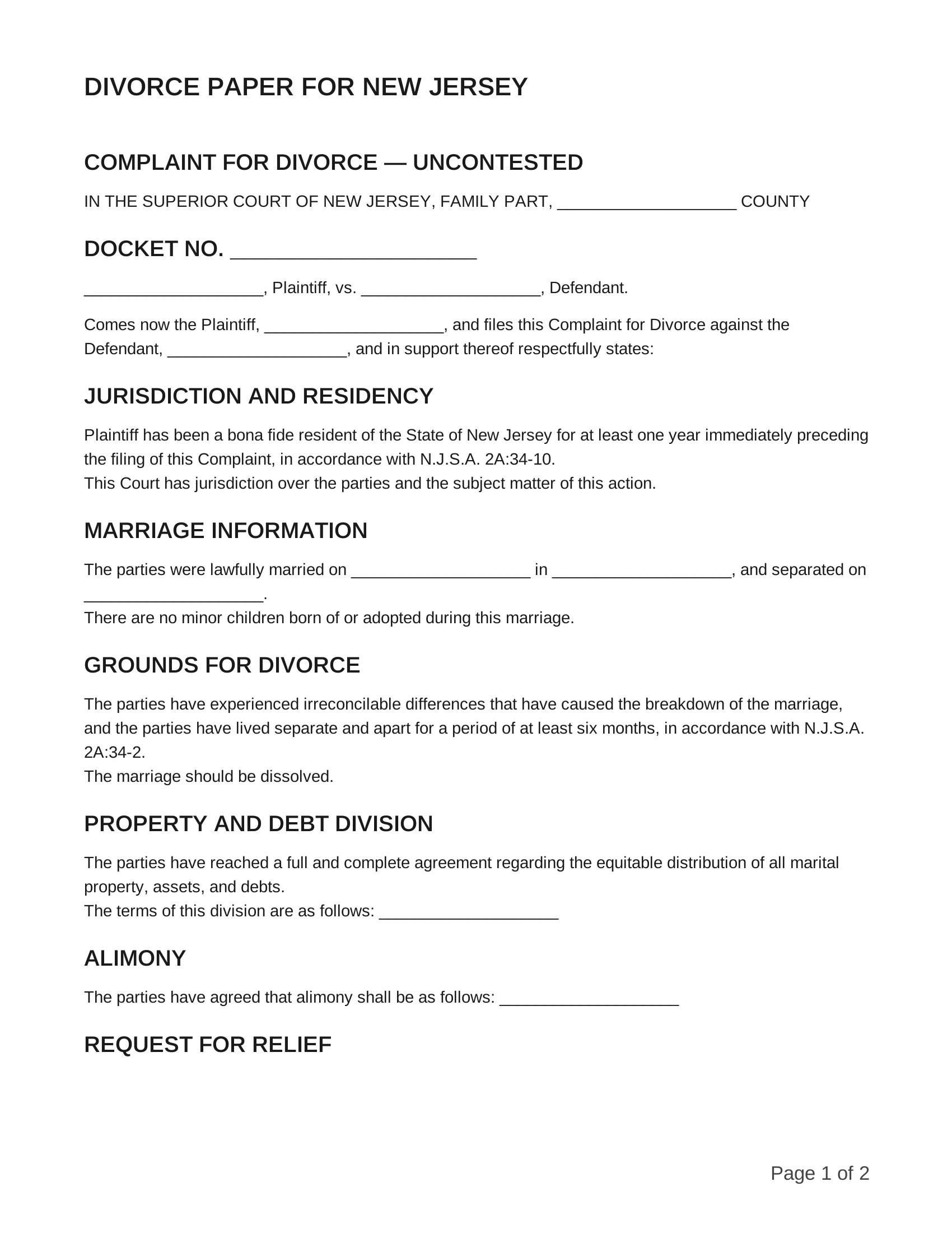 free divorce papers for new jersey