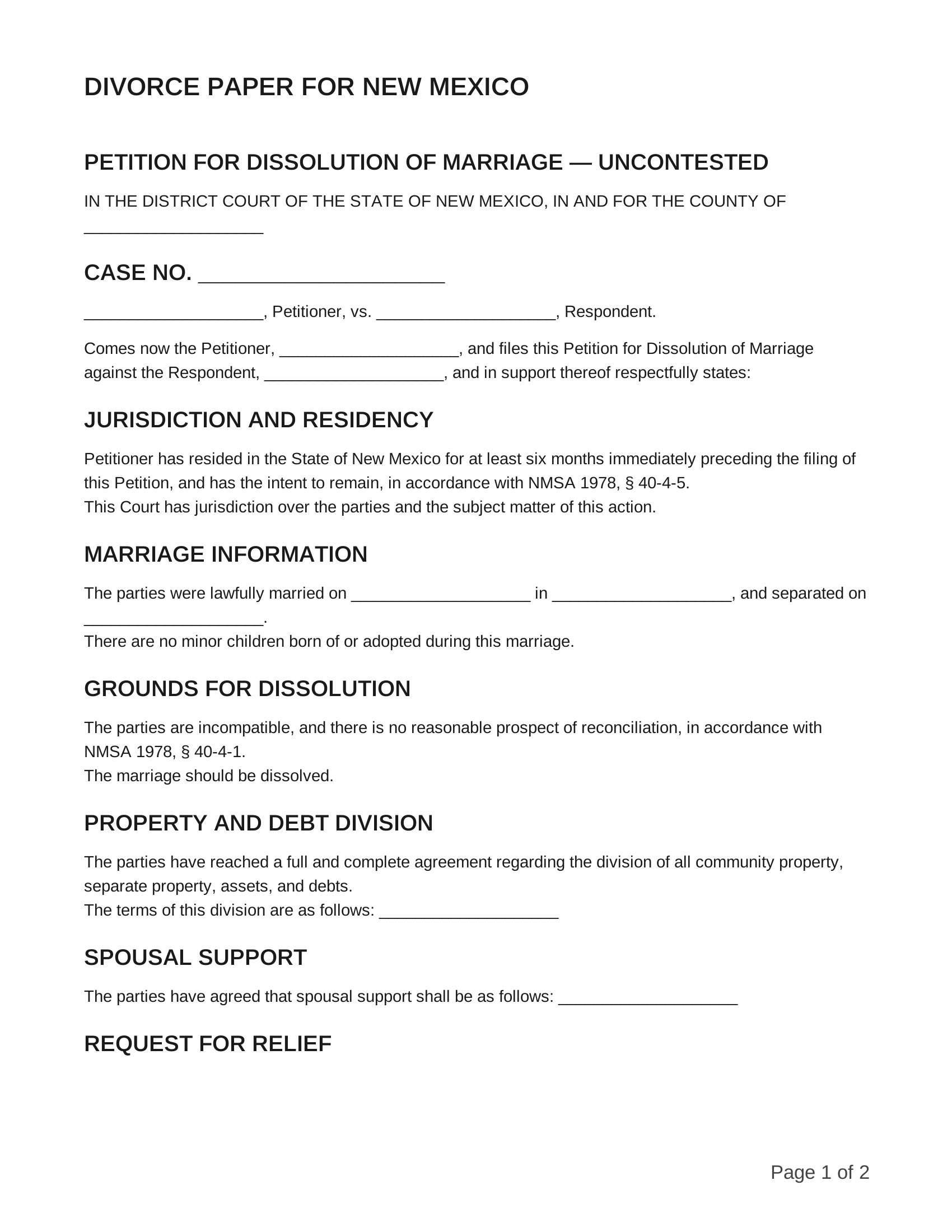 free divorce papers for new mexico
