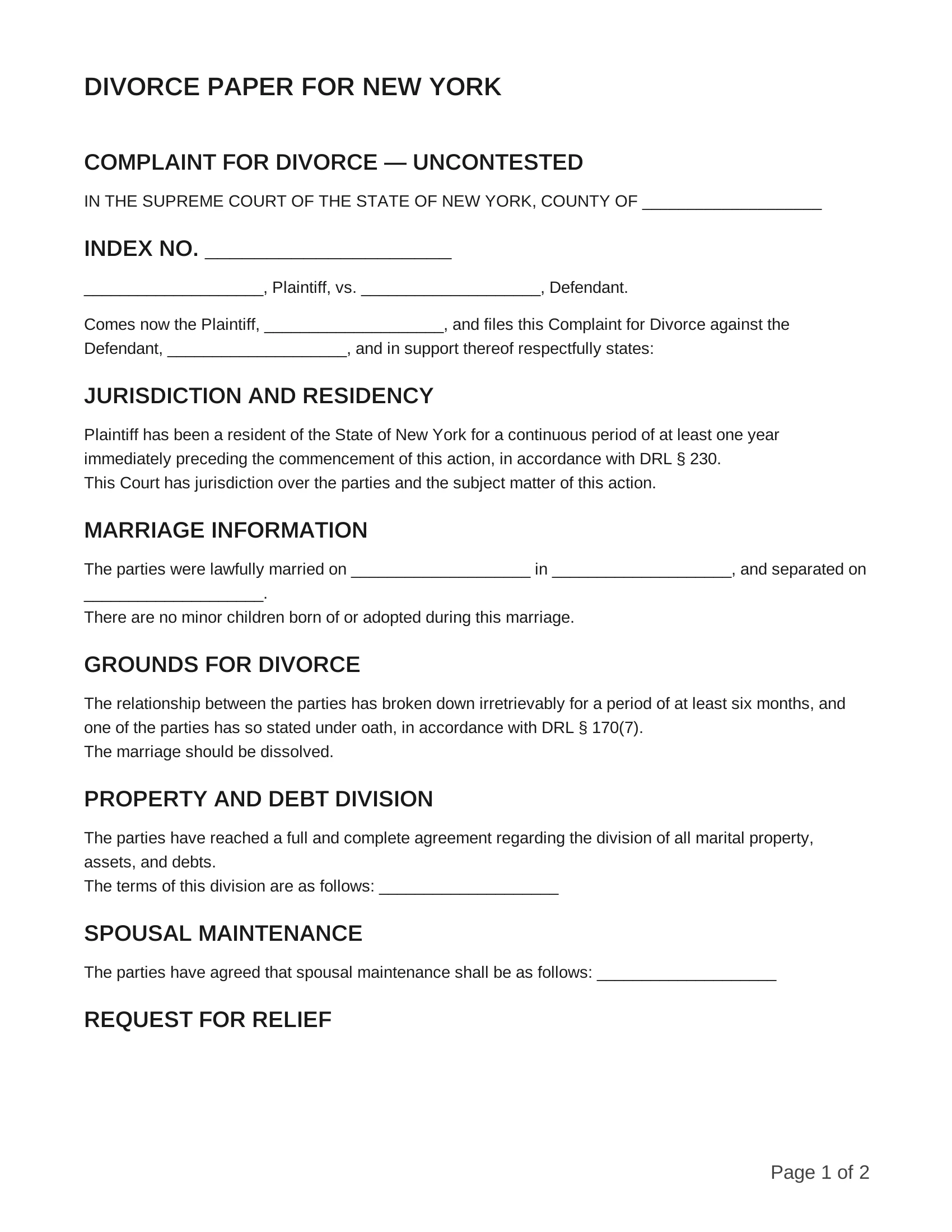 free divorce papers for new york