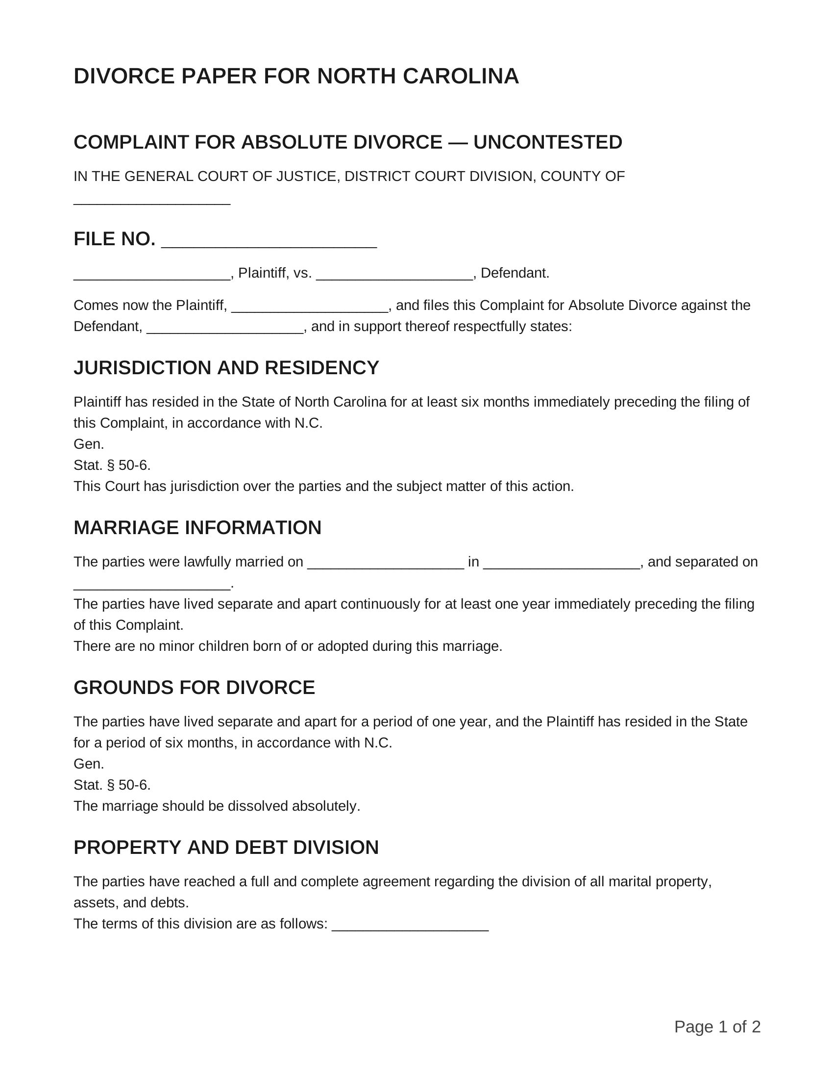 free divorce papers for north carolina