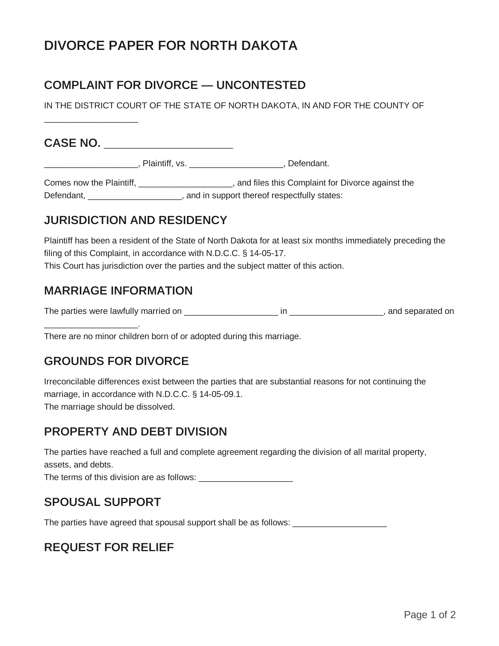 free divorce papers for north dakota