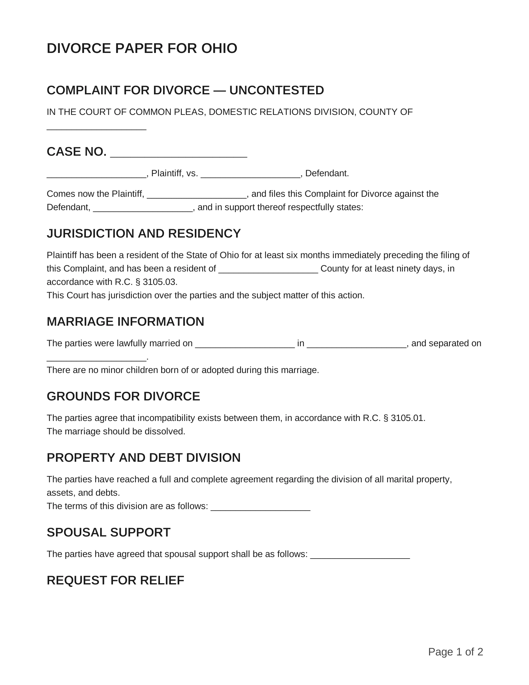 free divorce papers for ohio