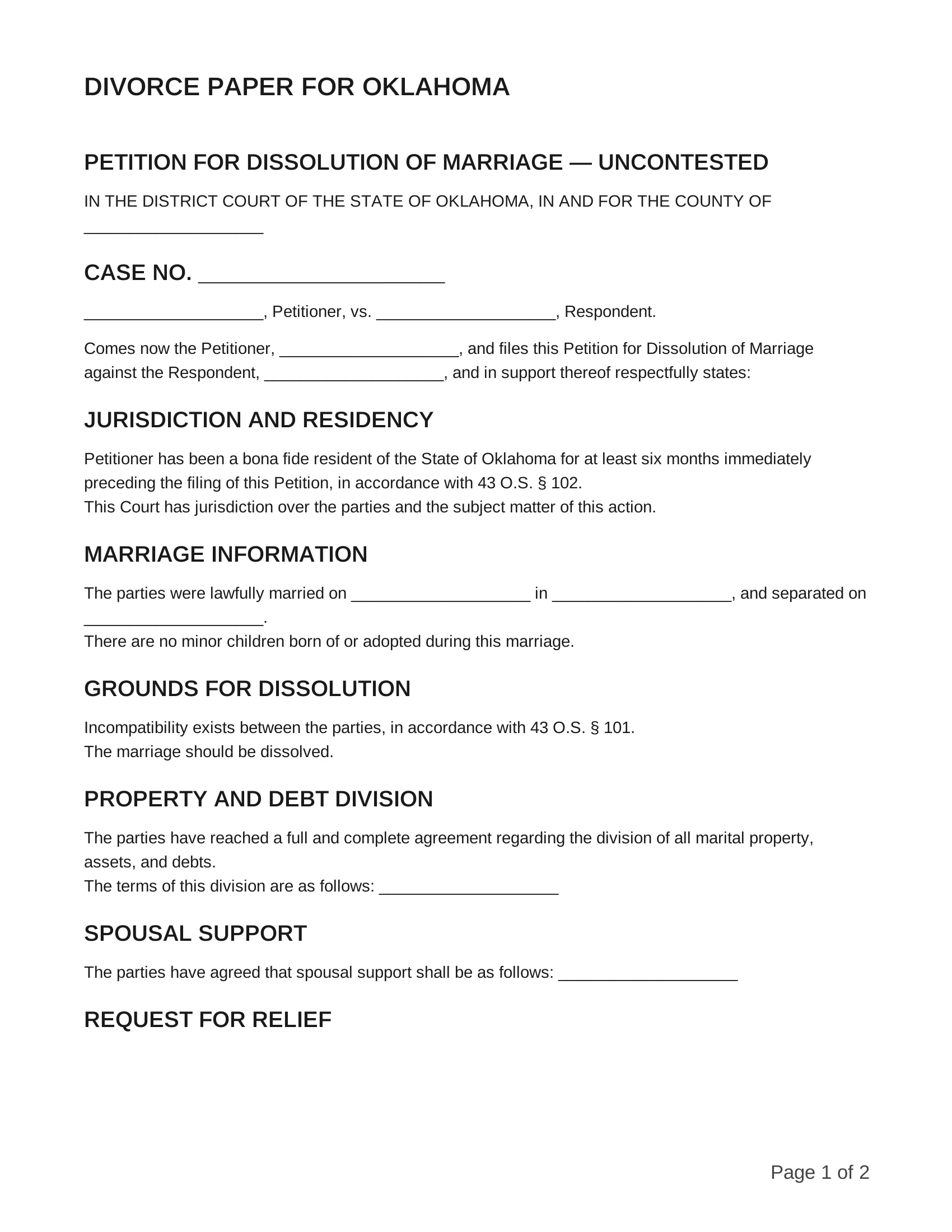 free divorce papers for oklahoma