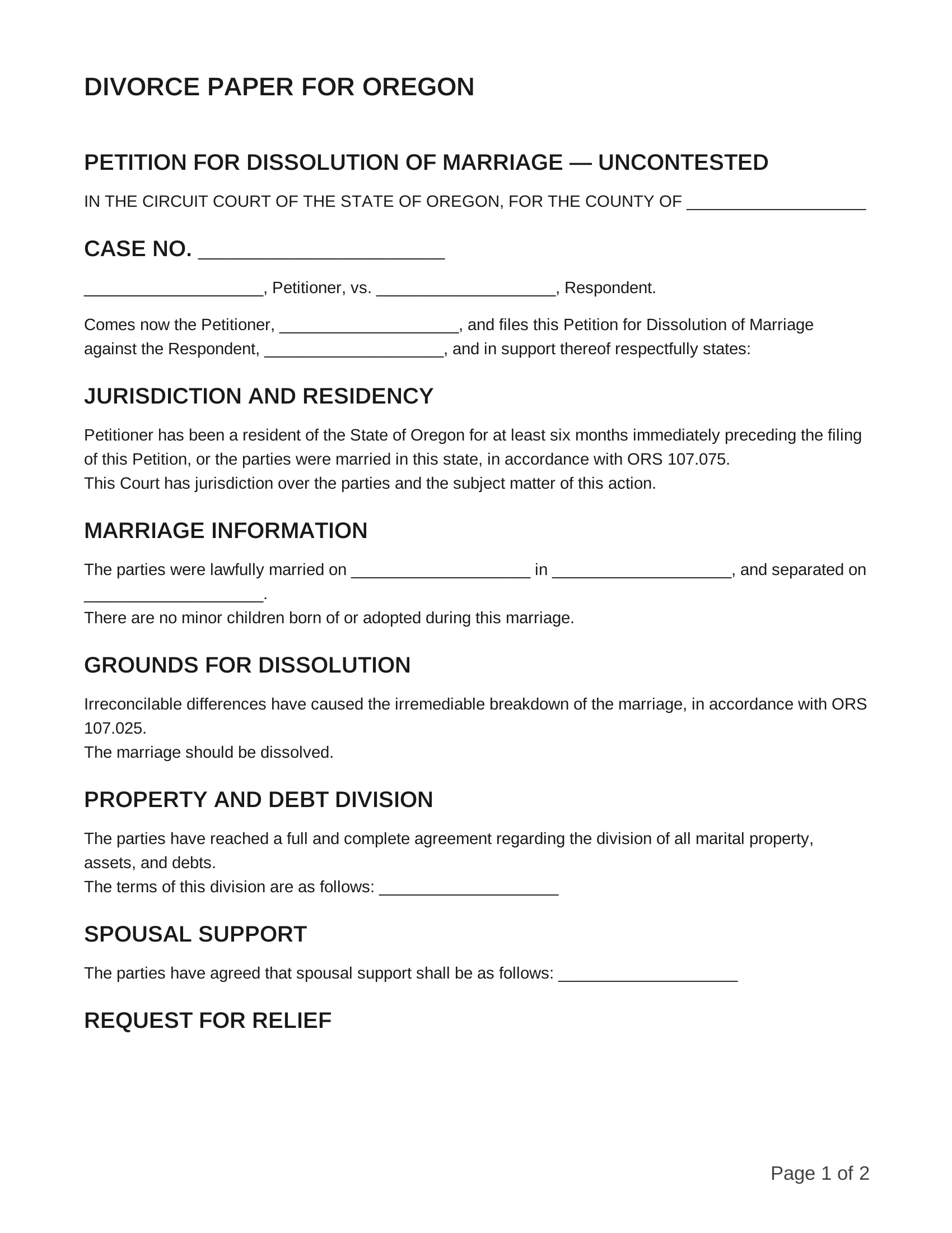 free divorce papers for oregon