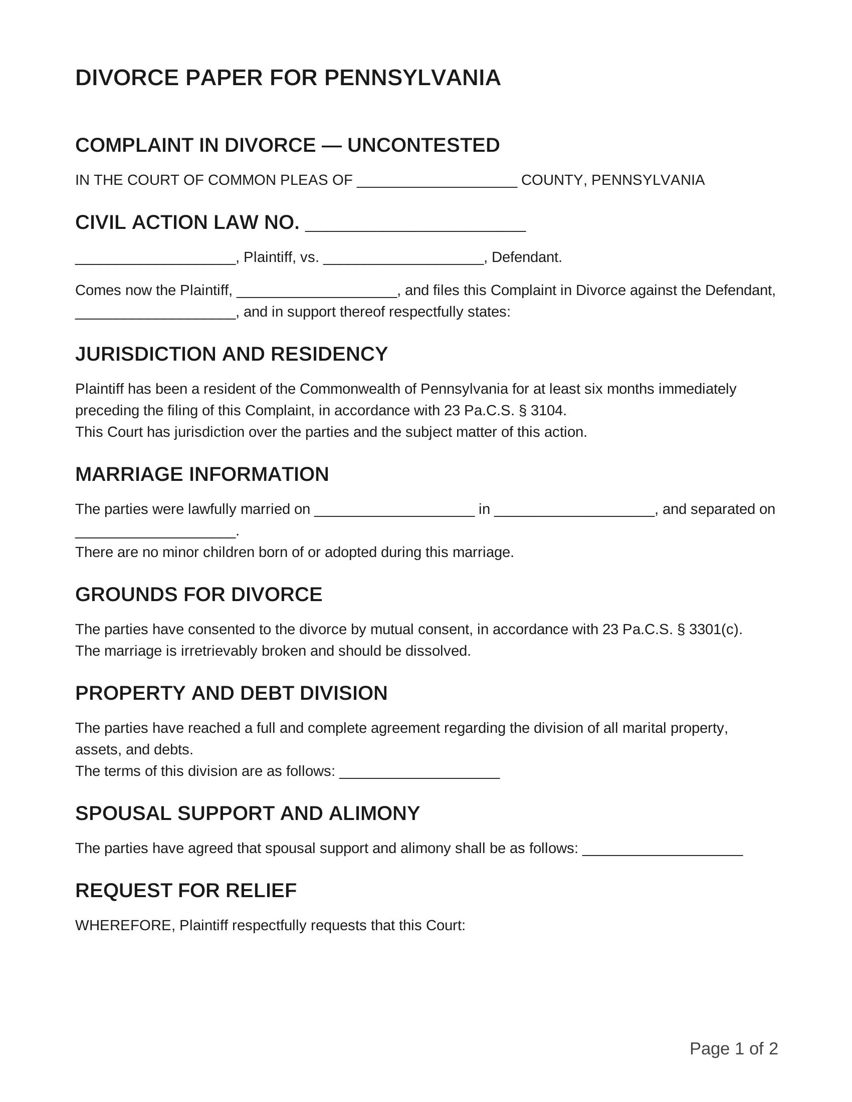 free divorce papers for pennsylvania