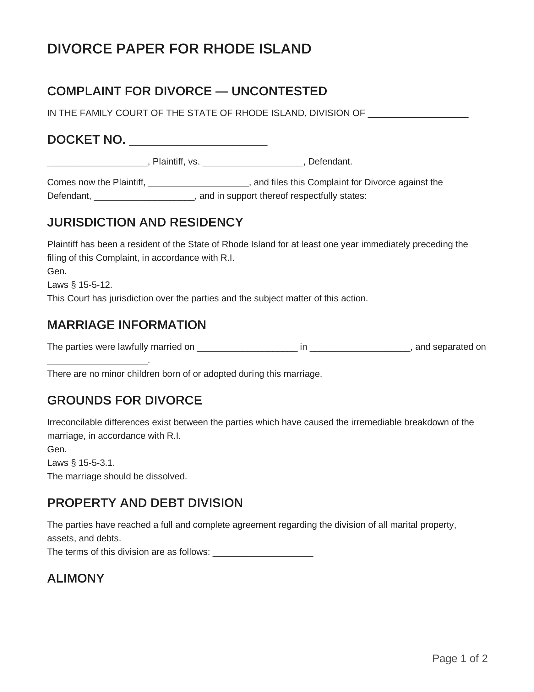 free divorce papers for rhode island