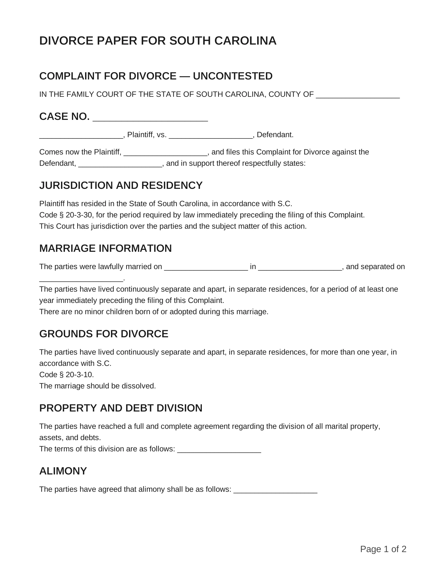 free divorce papers for south carolina