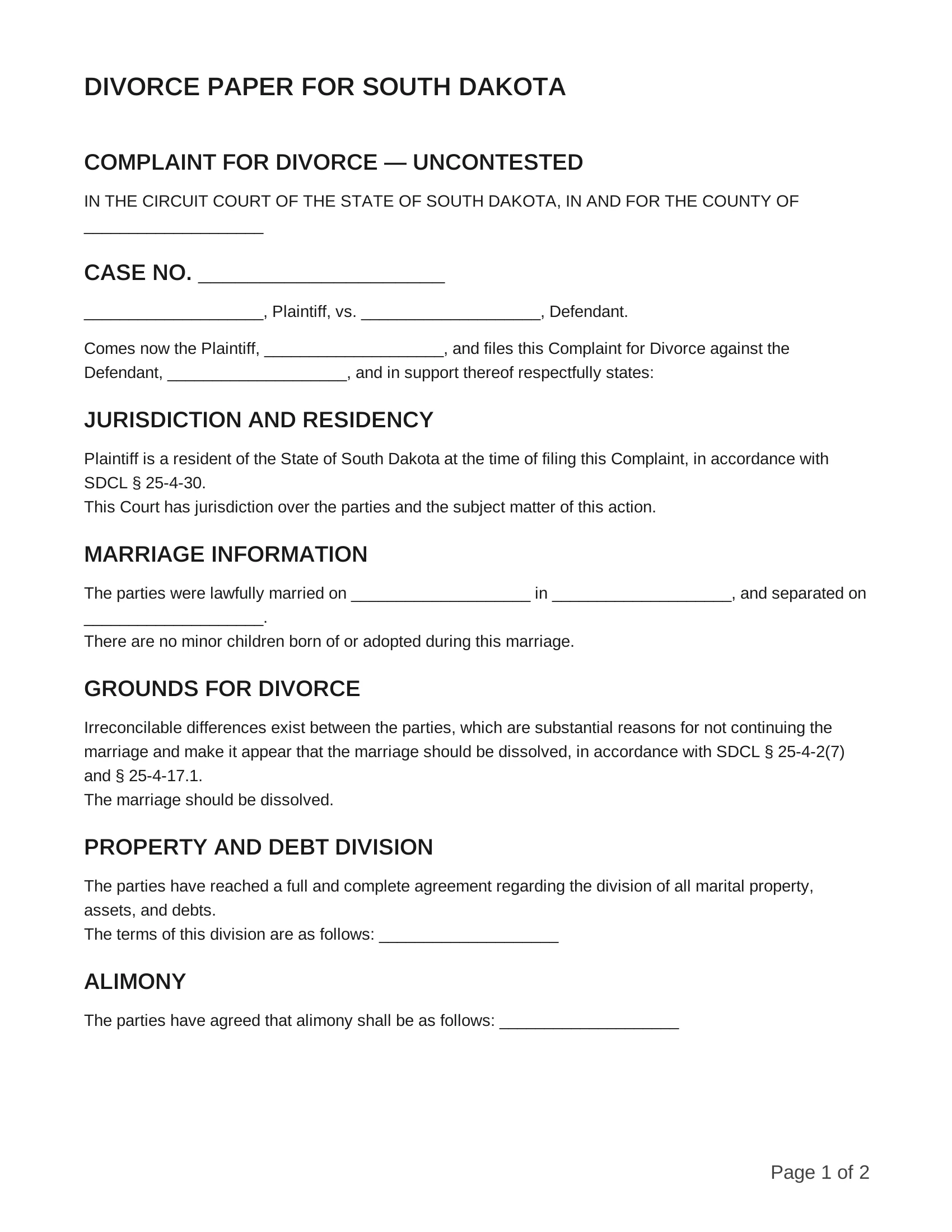 free divorce papers for south dakota