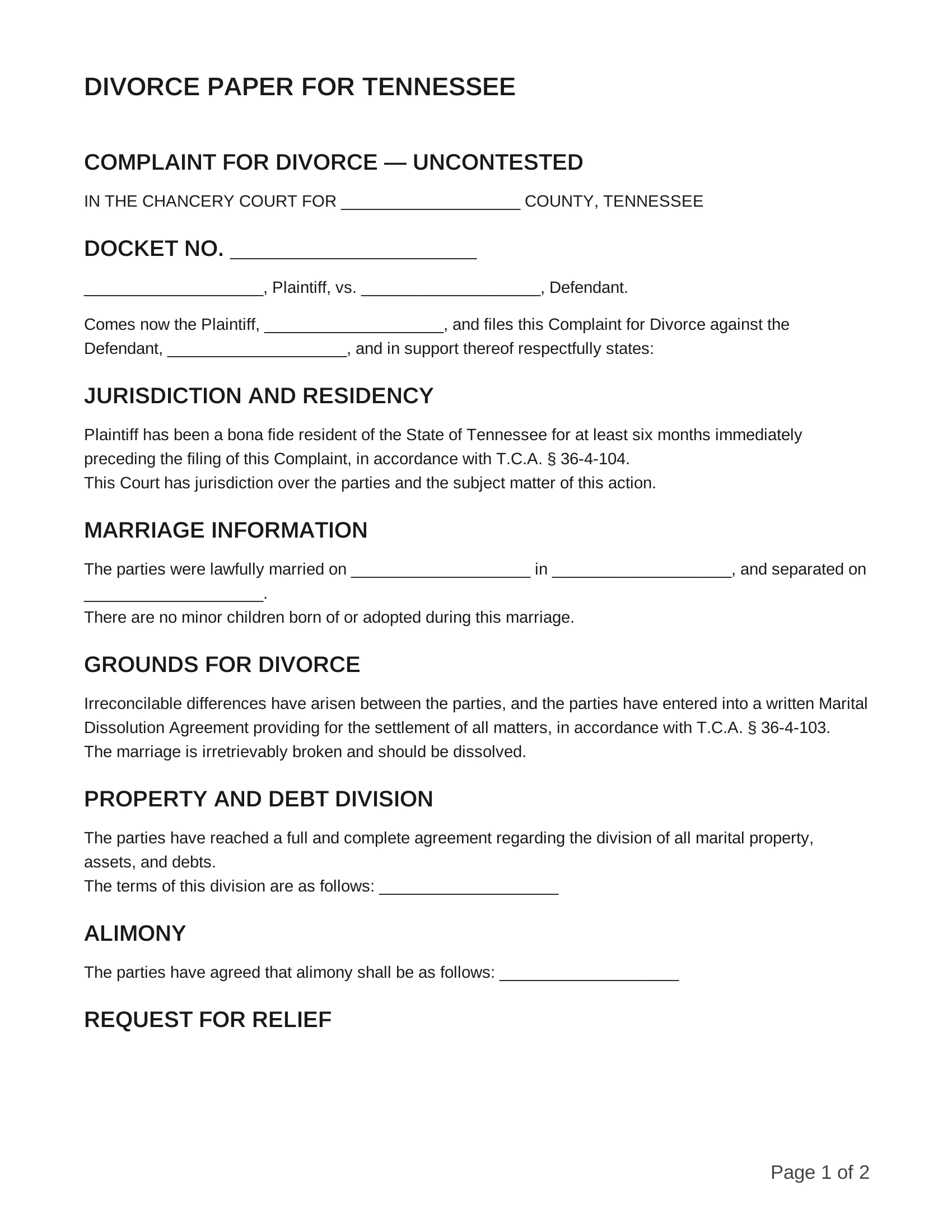 free divorce papers for tennessee