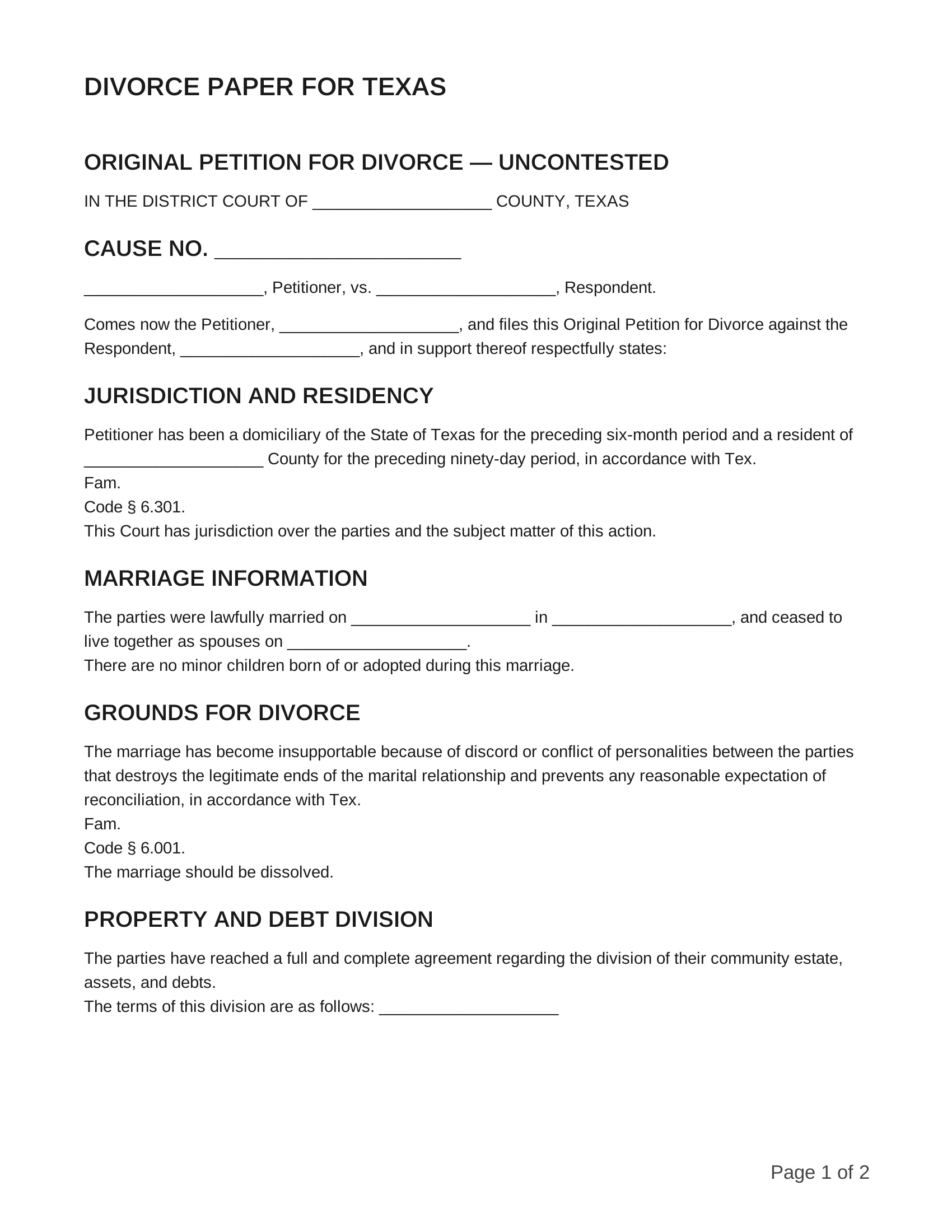 free divorce papers for texas