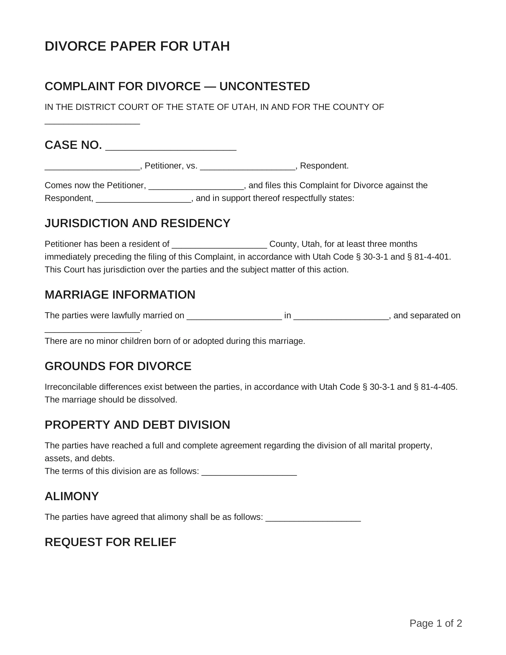 free divorce papers for utah