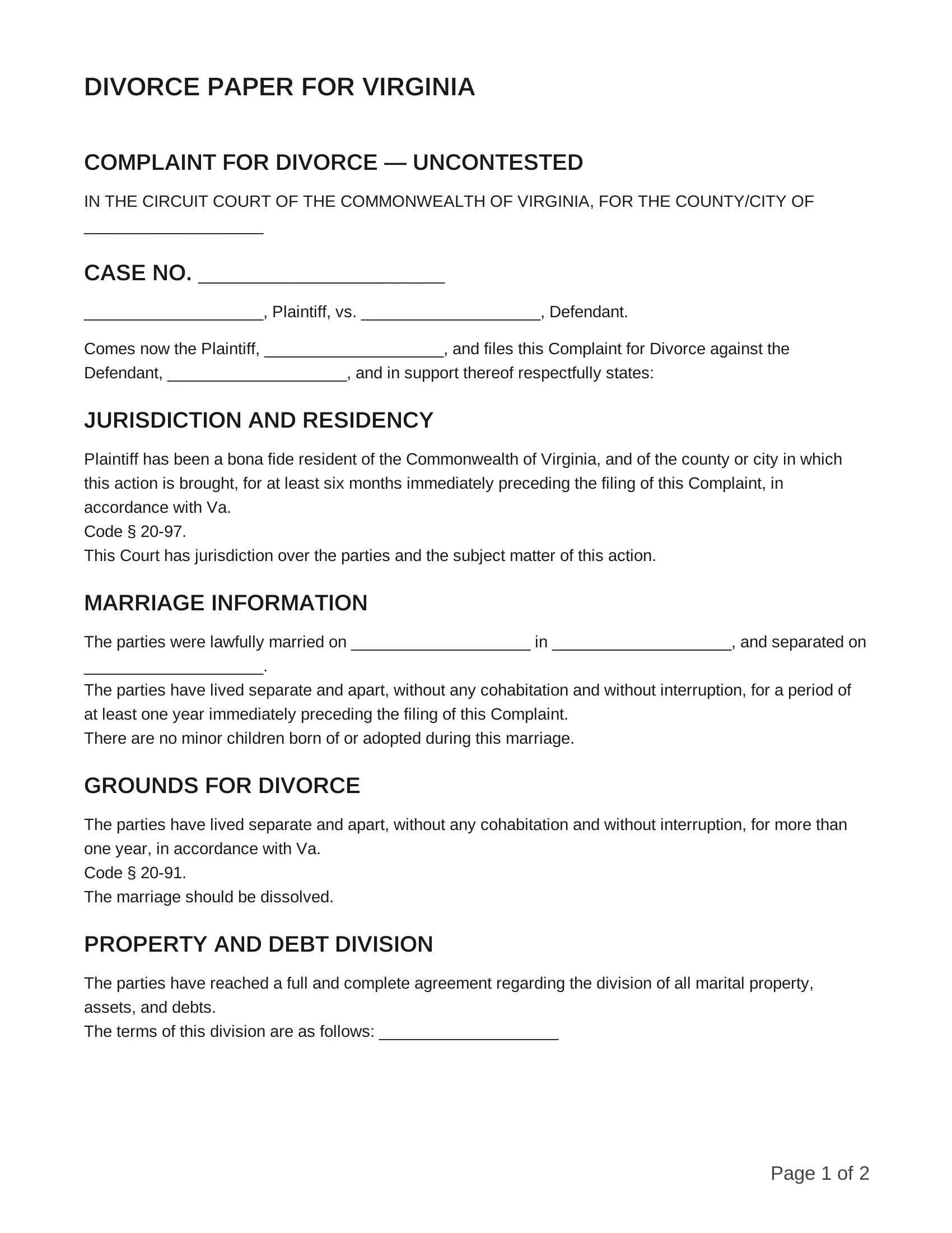 free divorce papers for virginia