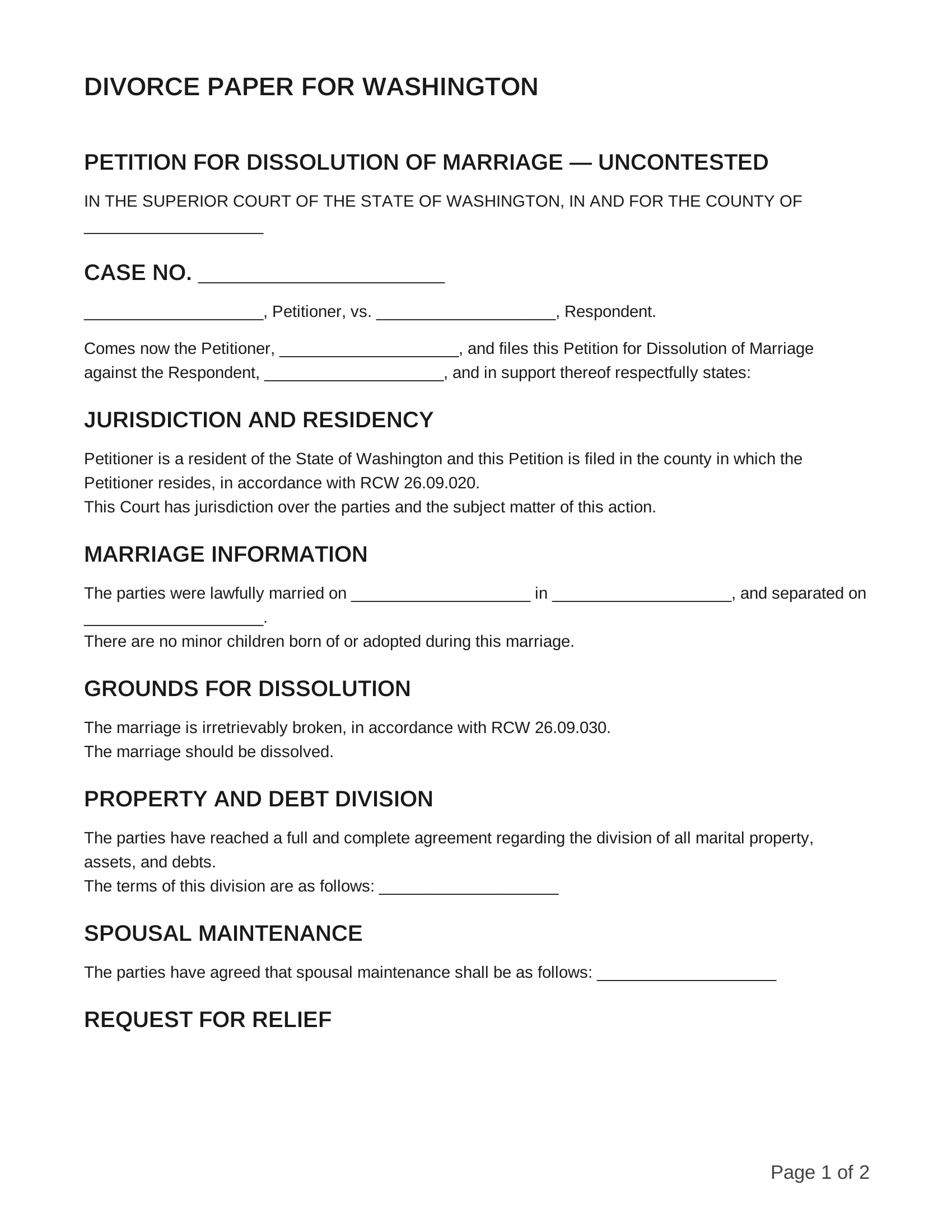 free divorce papers for washington