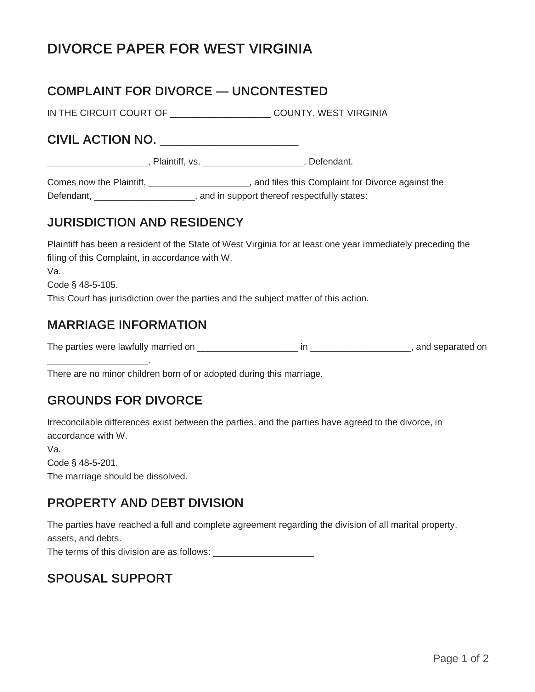 free divorce papers for west virginia
