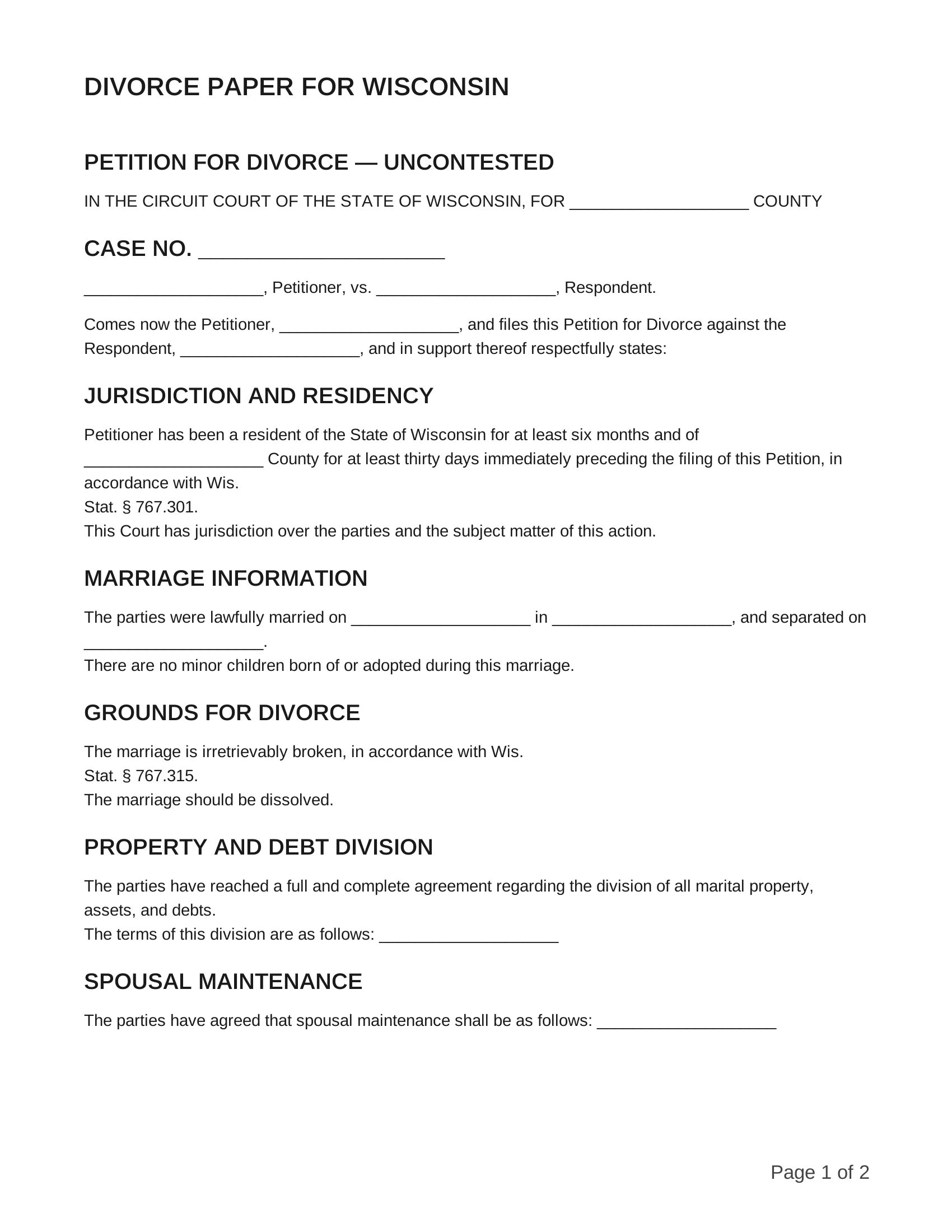 free divorce papers for wisconsin