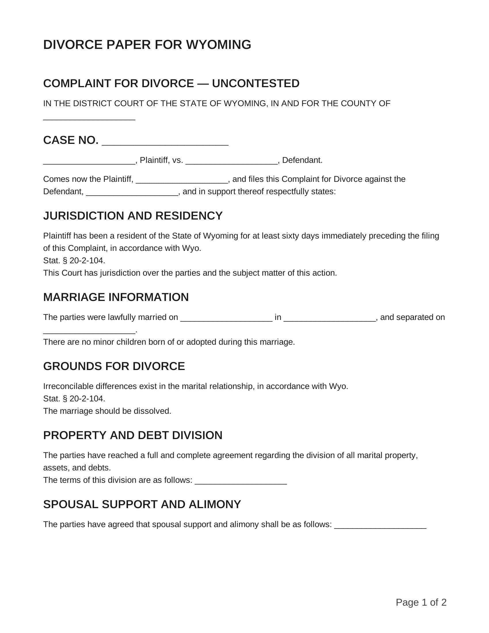 free divorce papers for wyoming